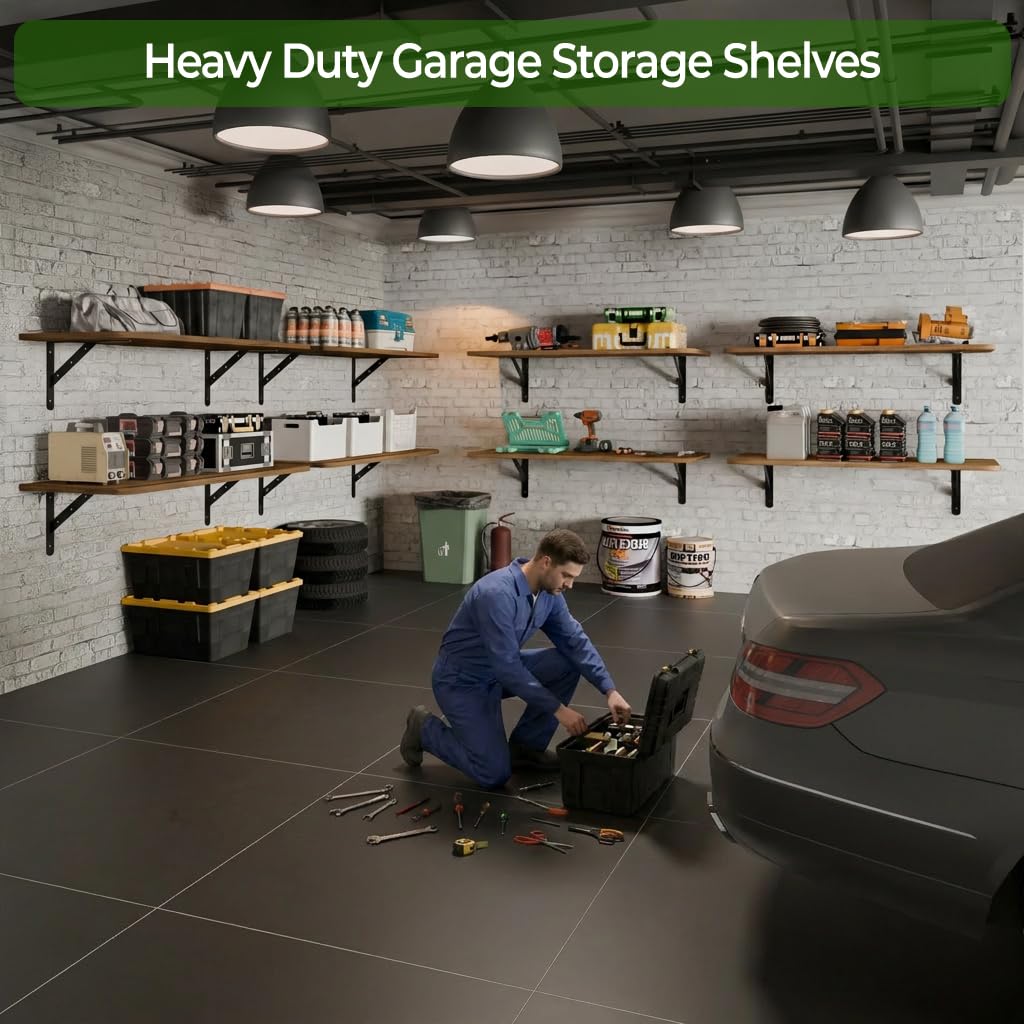 Dogsky 2-Pack Garage Storage Shelving Wall Mounted, 4x2Ft (48x24In) Heavy Duty Wood Floating Wall Shelf, 500lbs Capacity Shelves for Garage, Closets, Utility Rooms and Kitchens, Walnut