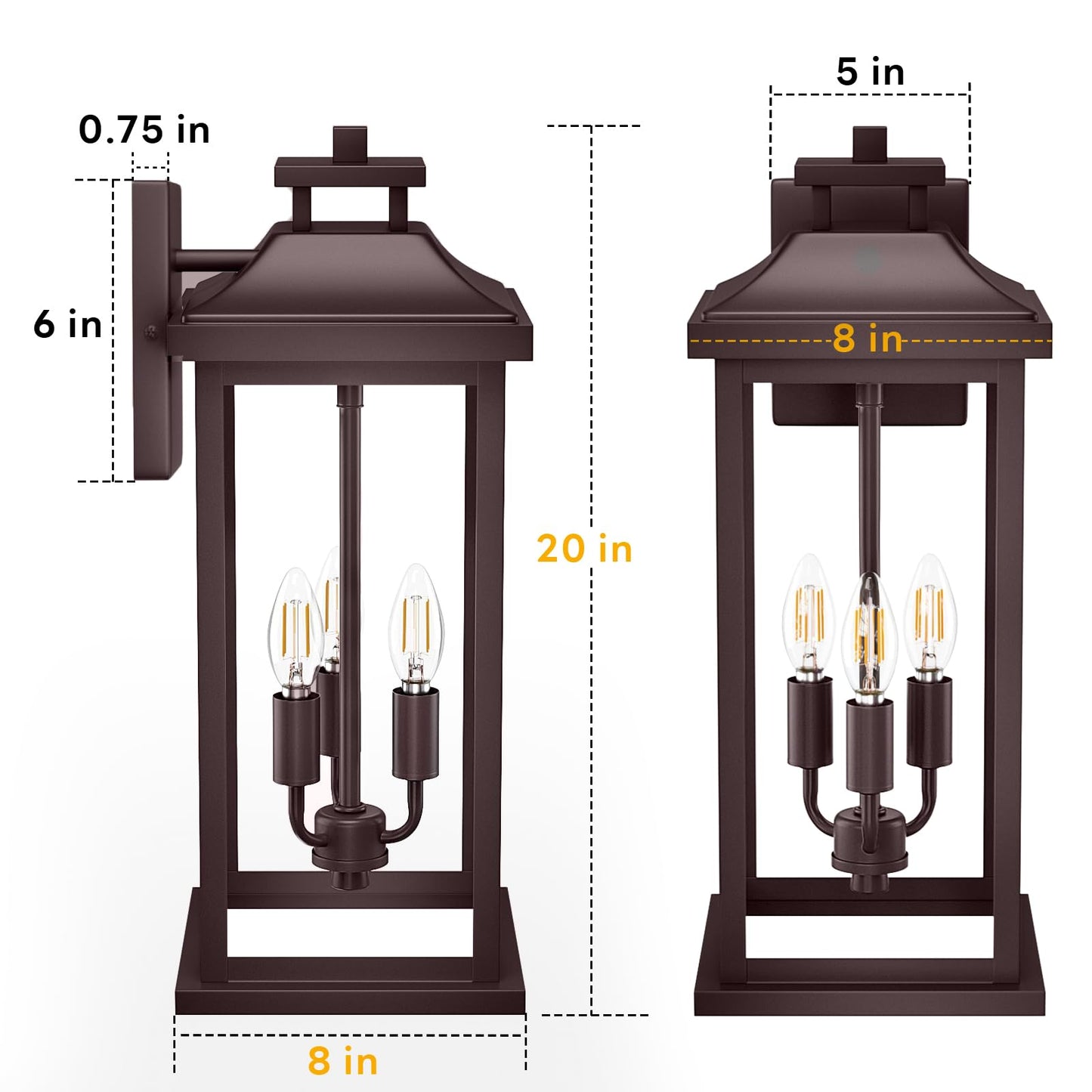 VenzBlomia 20in Outdoor Sconce Lights, 3-Light, Waterproof, Metal, Bronze, 2-Pack