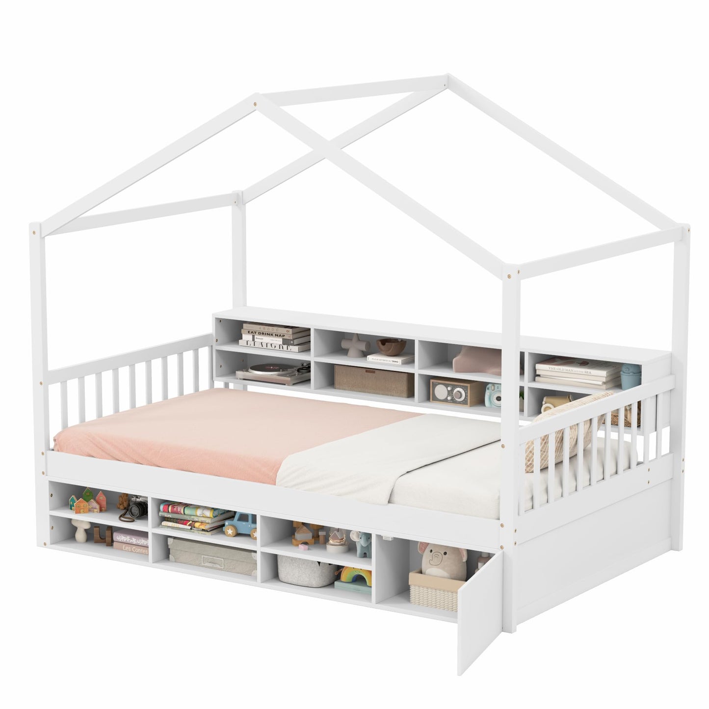 KOMFOTT Twin Size Wood House Bed with Storage Shelves, Wooden Platform Bed Frame with Storage Cabinet, Headboard & Footboard, House Bed with Wood Slats Support, No Box Spring Needed (White)