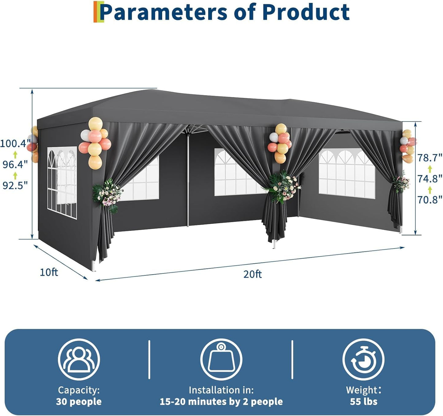 IDEALHOUSE Pop Up Canopy Tent, 10x20 FT Easy Up Outdoor Gazebo with 6 Removable Sidewalls, 3 Adjustable Heights, Portable Party Tent for Backyard, Events, Patio, Parking