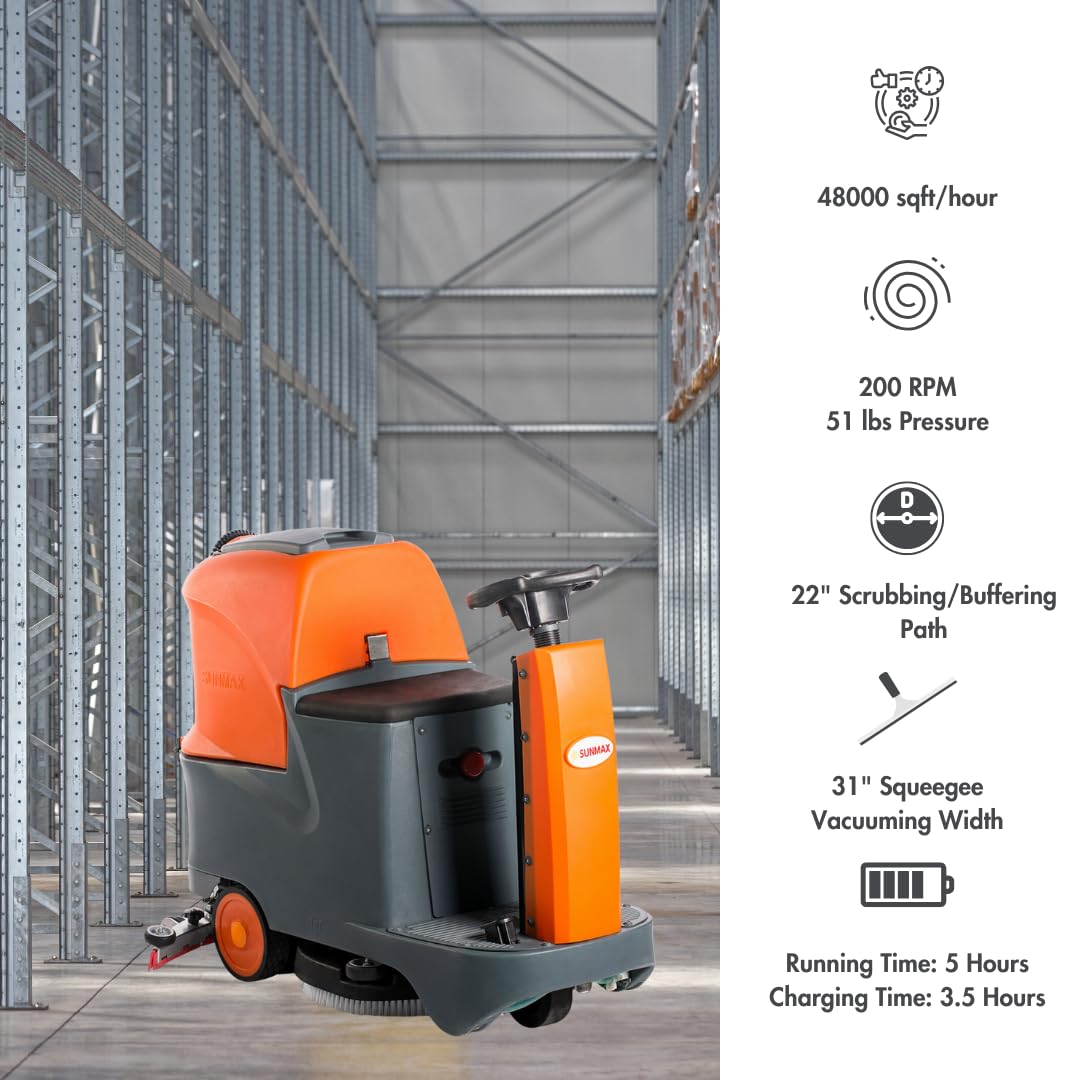 SUNMAX 22" Ride-On Floor Scrubber Machine, 18.5 Gal Tanks, 48,000 Sq.Ft/H Efficiency, 3.5H Fast-Charging Lithium Battery – Commercial & Industrial Floor Cleaning Machine