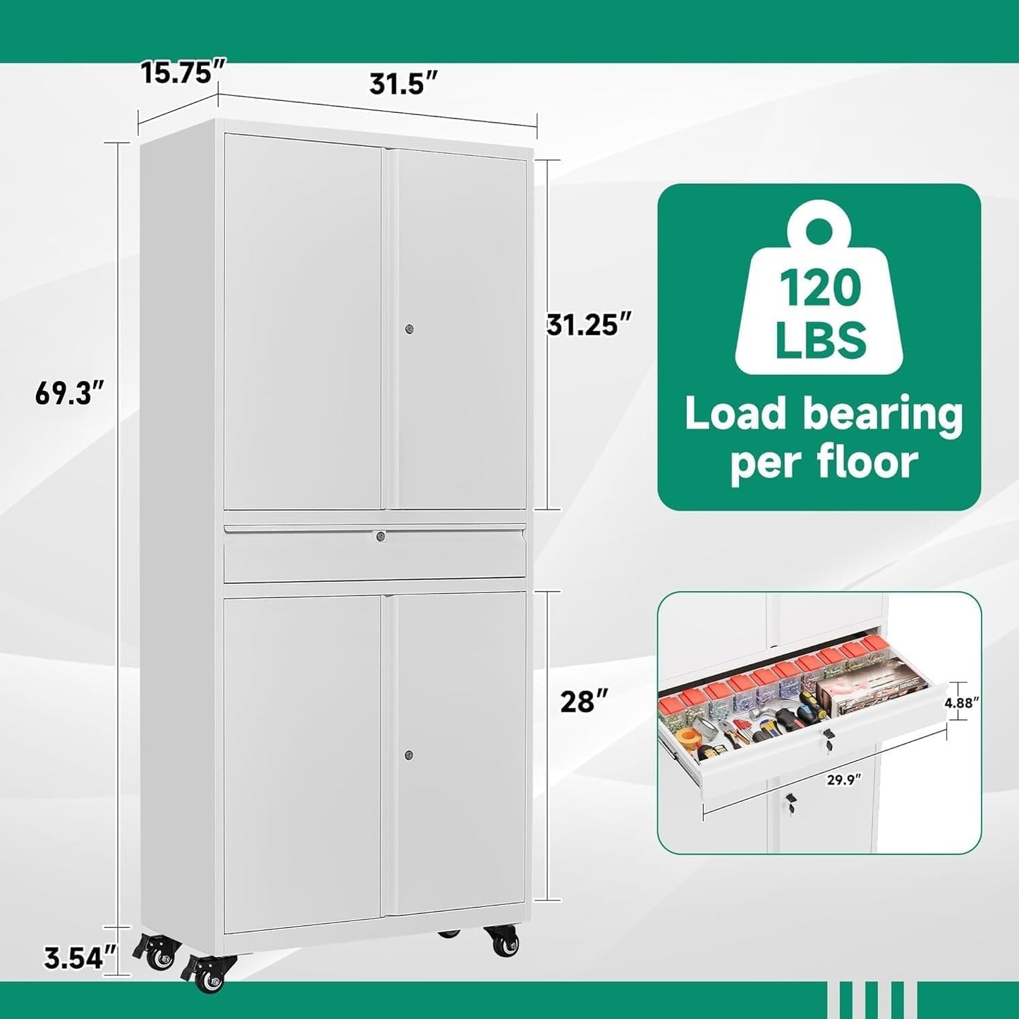 Letaya Metal Garage Storage Cabinet with Wheels,72“ Rolling Tool Cabinet with 4 Door Lock-Adjustable Shelves and Drawer for Garage Home Office Utility Room (White with Wheels)