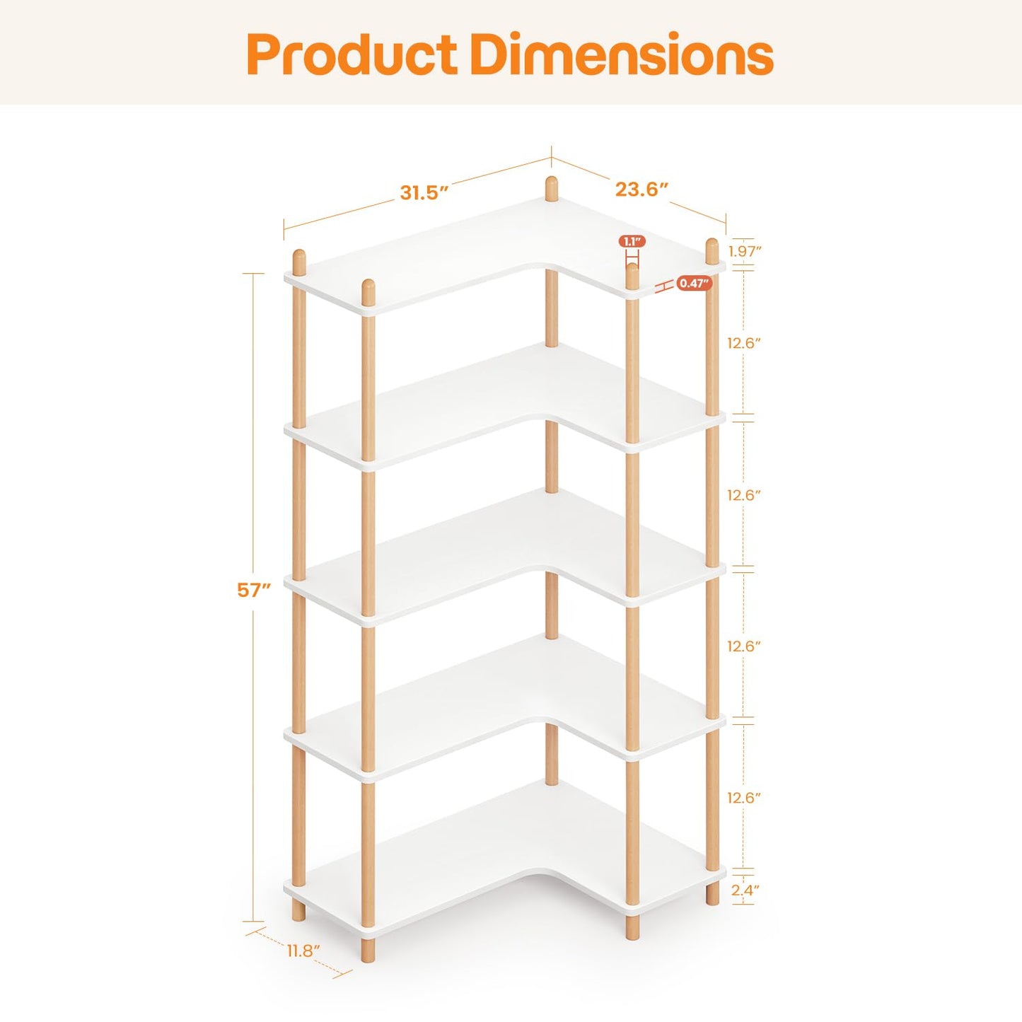 LUSHF L-Shaped Open Corner Bookshelf - 5-Tier Freestanding Bookcase, White