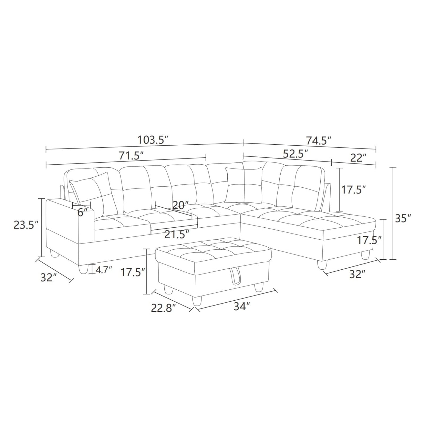 Trygoal 103.5 inch L-Shape Sofa with Storage Ottoman, Flannel Sectional Couch with Right Chaise, Modern 3-Piece Sofa Set, Upholstered Couch Set with Solid Wood Frame for Apartment, Loft, Taupe