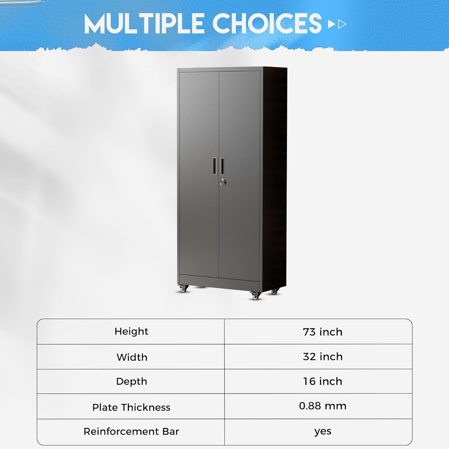 Greenvelly 73" Metal Storage Cabinet with Wheels, Black Garage Storage Cabinet with 4 Adjustable Shelves and Locking Doors, Garage Rolling Storage Cabinet for Warehouse, Garage, Home Office, School