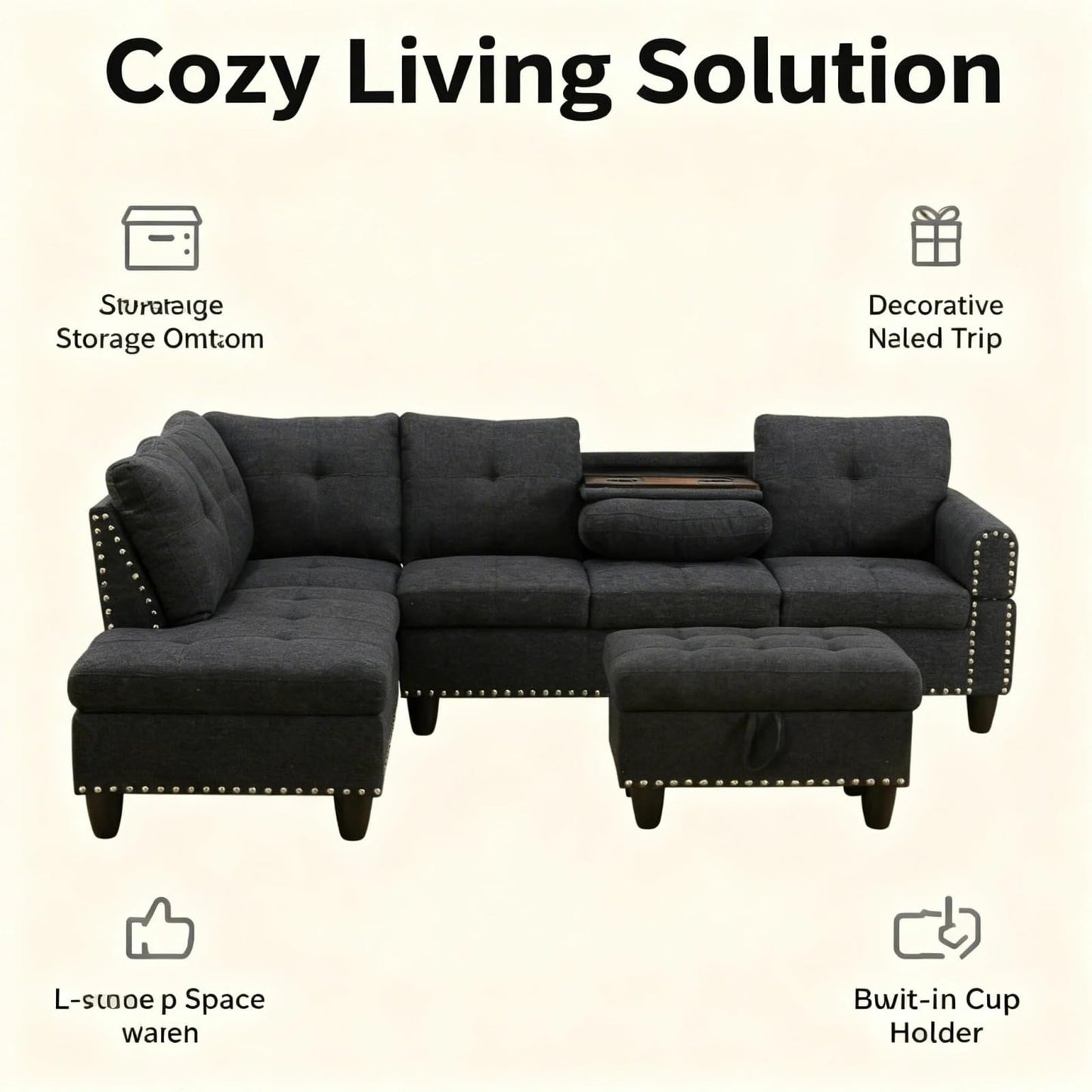 Trygoal 97.5 inch L-Shape Sofa with Storage Ottoman & Reversible Coffee Table, Linen Sectional Couch with Left Chaise, Modern 3-Piece Sofa Set, Upholstered Couch Set with Solid Wood Frame, Black Grey