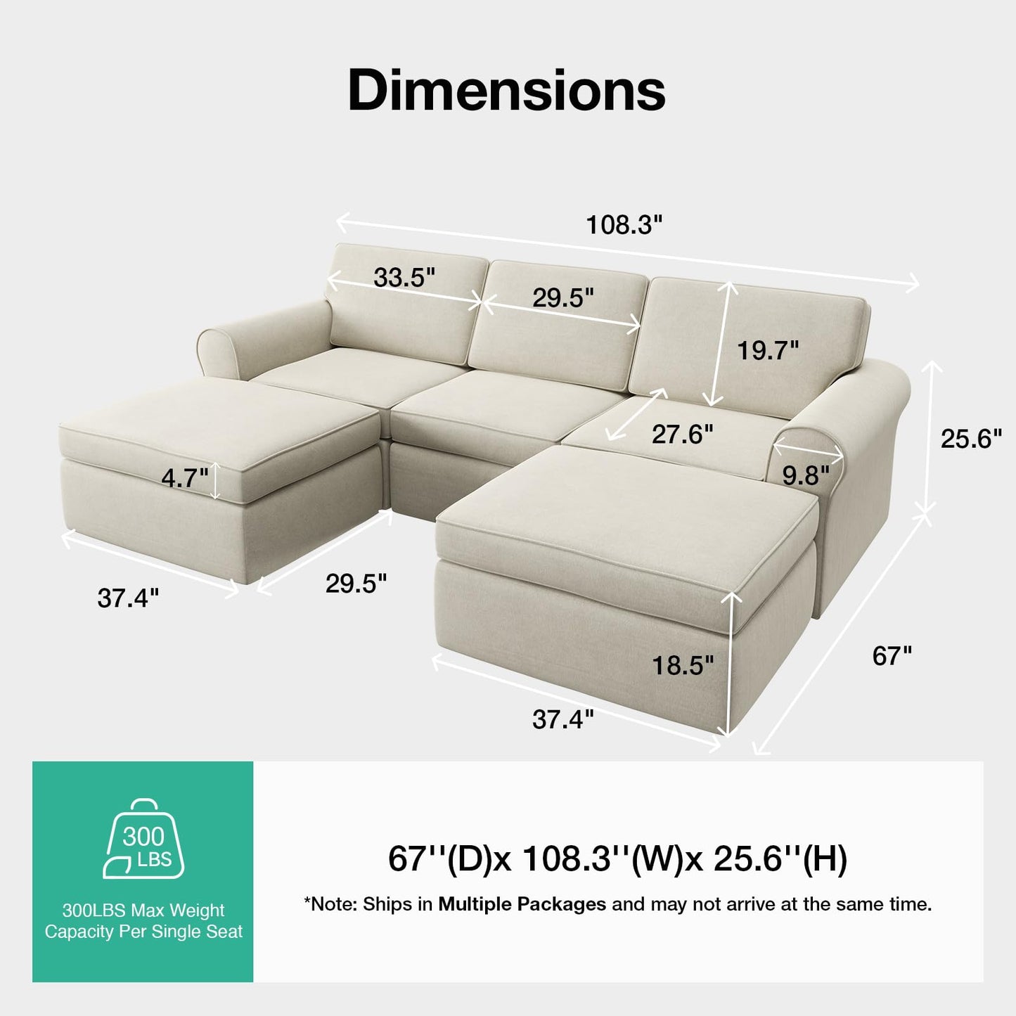 Novilla 108" Modular Sectional Sofa, Modular Sectional Couches for Living Room, Chenille Removable Cover Boneless Couch with Smarts Coil® Support U-Shaped Couch(Beige, 3 Seater + 2 Ottoman)