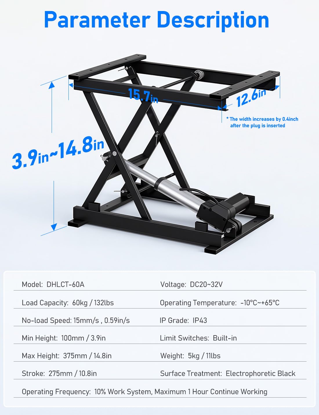 DIHOOL Electric Scissor Lift Table, 130Lbs Capacity, 3.95"-14.76" Height Adjustable Lifting Platform, Super Quiet with Remote & WiFi Control, Obstruction Detection, AC/DC Power for Home/Industrial Use