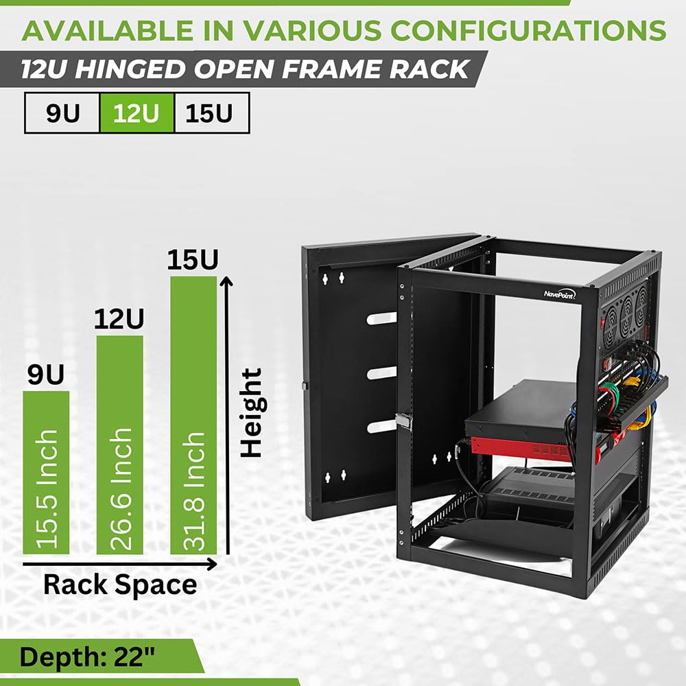 NavePoint 12U Wall Mount Server Rack with Hinged Back, 4-Post 24” Deep, Rear Swing Frame 12U Network Rack Wall Mount for 19 Inch Equipment AV IT Easy Cable Management, Black