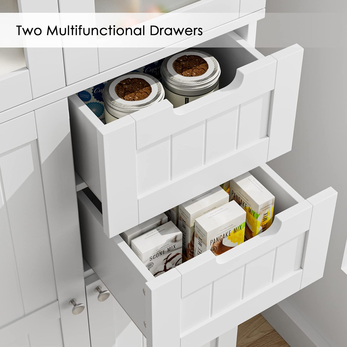 BOTLOG 67'' Tall Bathroom Storage Cabinet, Linen Cabinet with Glass Doors and Adjustable Shelves, Kitchen Pantry with 2 Drawers for Bathroom, Living Room, Dining Room, White
