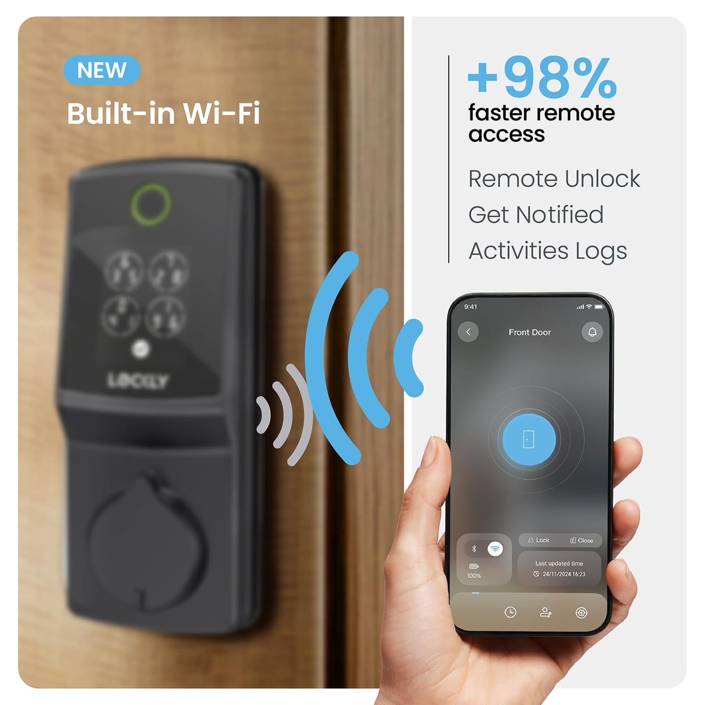 Lockly Secure Pro Smart Lock, 0.2s AI Fingerprint Door Lock, Patented PIN Genie Keypad, Keyless Entry Deadbolt for Front Door, Zinc Alloy, IP65 Waterproof, 2 Backup Keys Included