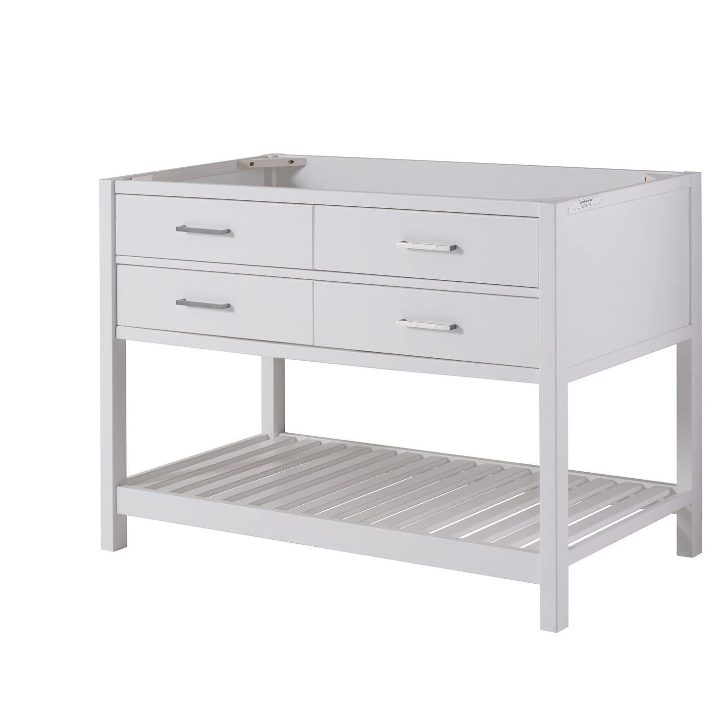 Harrison 48 in. W Vanity Cabinet Only, Bathroom Storage with Two Soft Close Drawers and Slatted Shelf, Nickel Hardware, Adjustable Height Levelers, Solid Pine Wood Construction, White