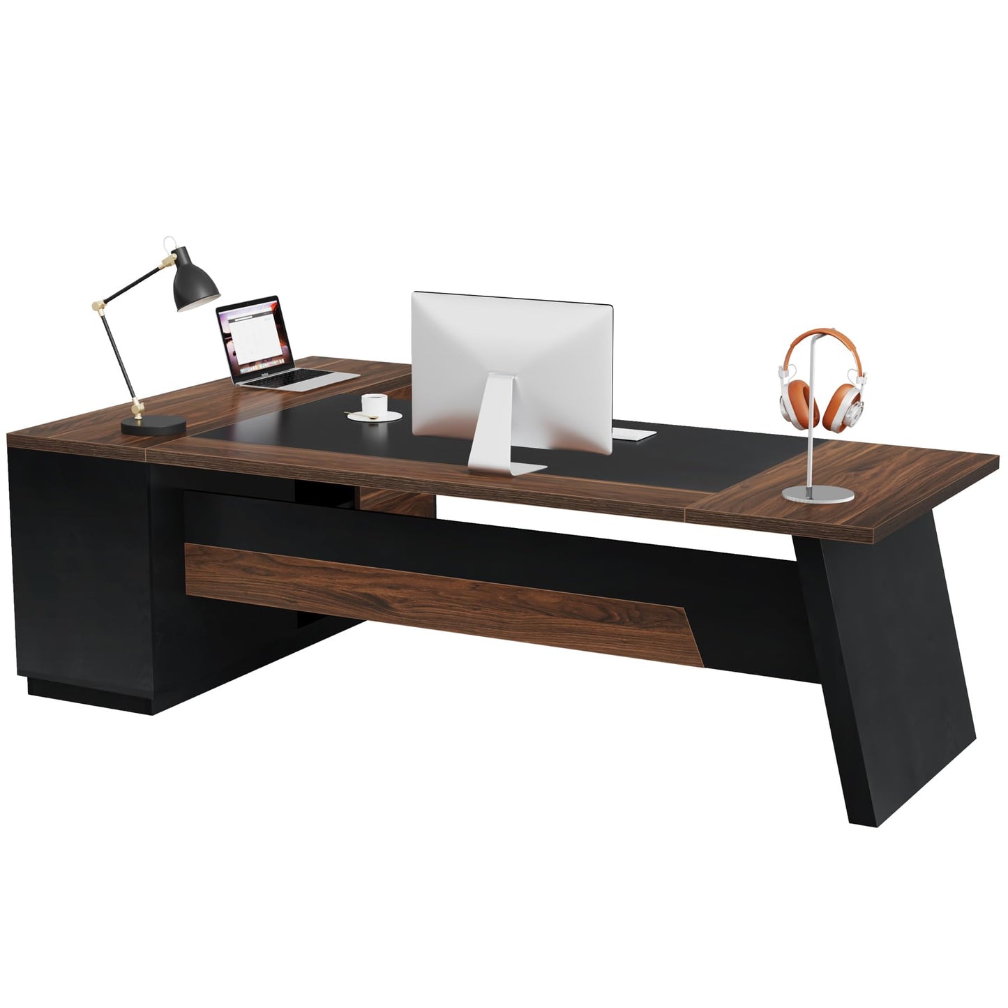Tribesigns 78" L-Shaped Executive Desk, Large Office Desk with Drawers and File Cabinet, Modern Business Furniture for Home Office (Walnut & Black)