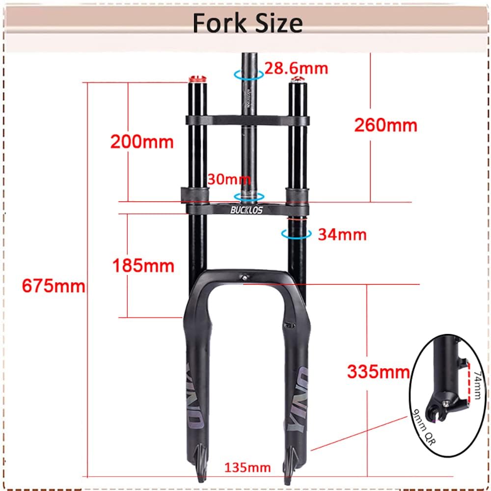 BUCKLOS 20 inch 4.0 Fat Tire E-Bike Air Suspension Fork, 180mm Travel Spacing Hub 135mm Straight Tube MTB Manual Lockout 9mm QR Mountain Bike Double Shoulder Electric Bicycle Front Forks Snow Beach