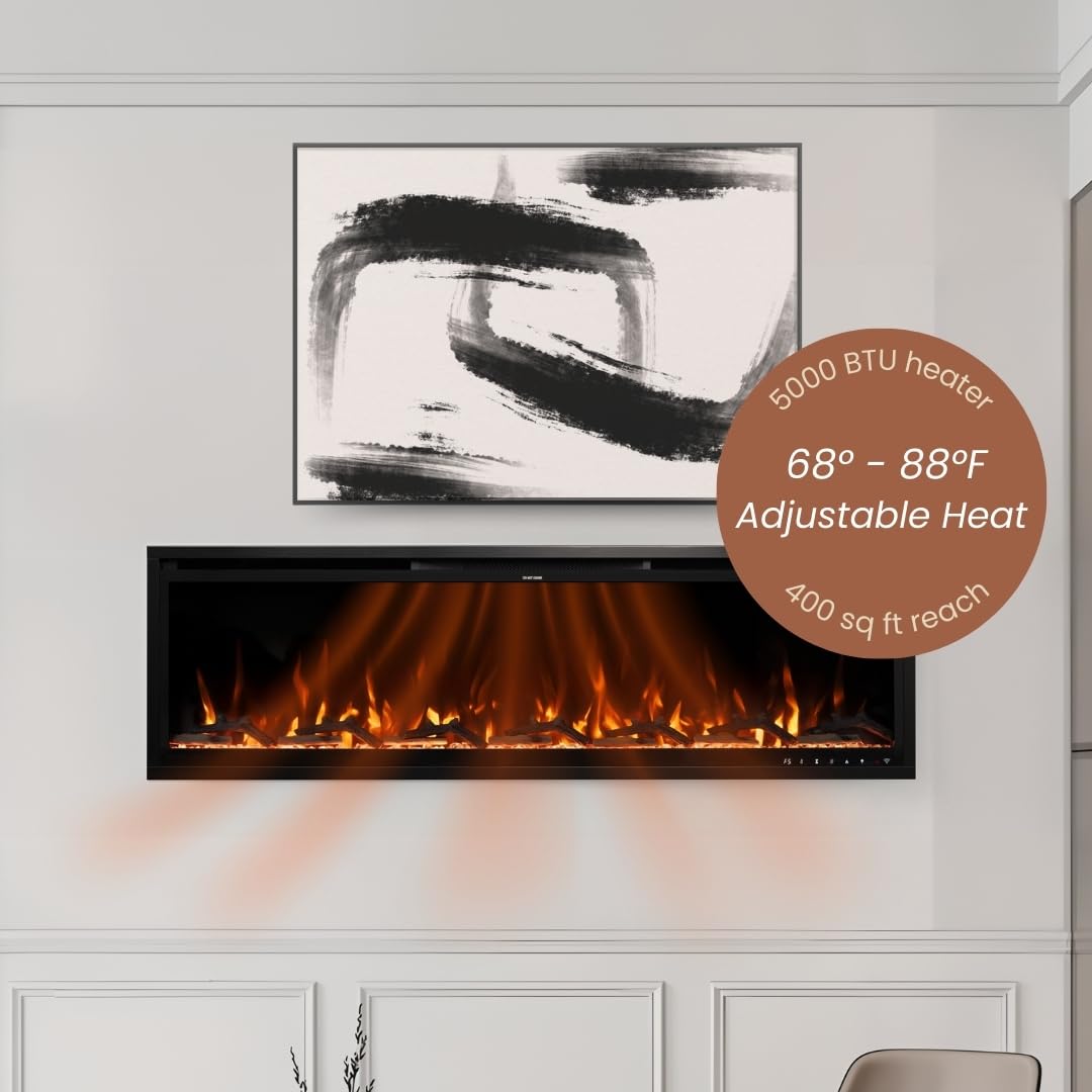 Modern Ember Aerus Slim 60 Inch Smart Linear Electric Fireplace | Recessed in-Wall or Wall-Mount | LED Multiple Flame Colors | Alexa/WiFi Enabled | 4.25” Profile | Remote Included