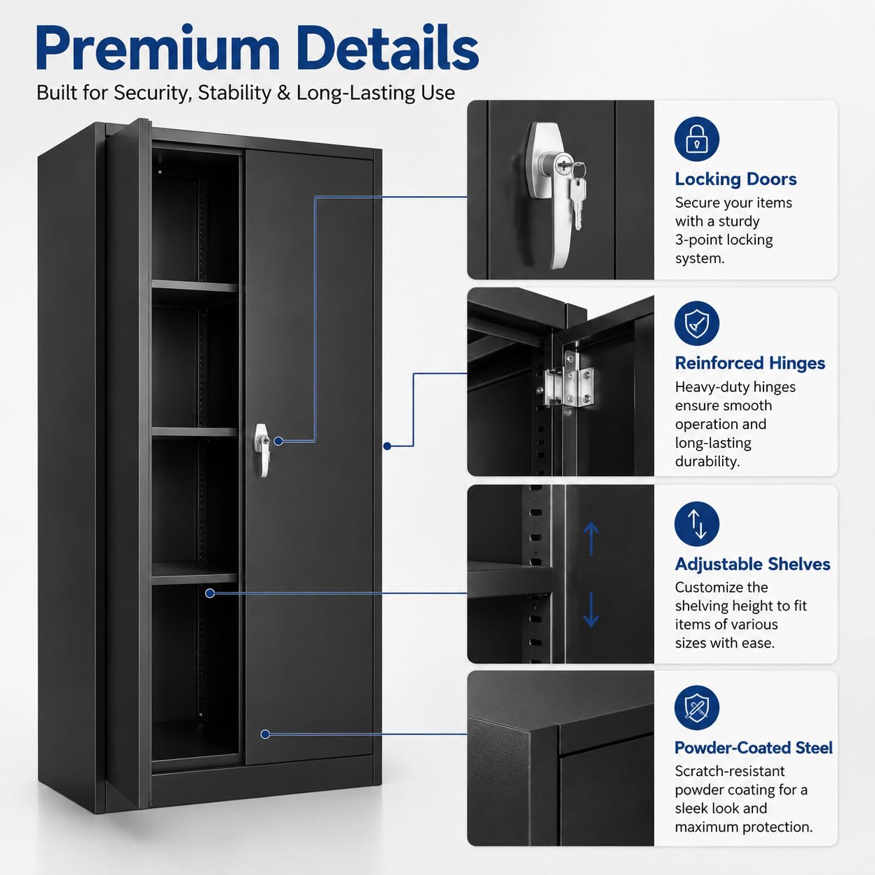PeakPursuit 71 Inch Metal Storage Cabinet, Locking Steel Cabinet with 4 Adjustable Shelves & Leveling Feet, Heavy Duty Garage Storage Cabinet for Pantry, Office, Home, Laundry Room, Black