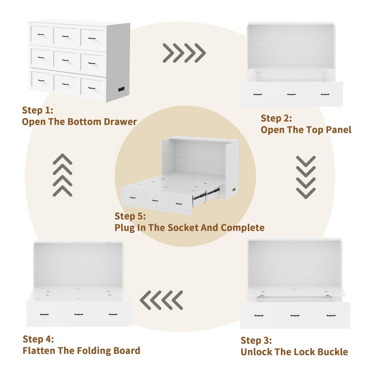 NBEETISM Full Size Murphy Bed with Storage & Charging Station – Farmhouse Cabinet Bed, Space Saving & Noise-Free Wall Bed for Guest Bedroom, Living Room, Office, White