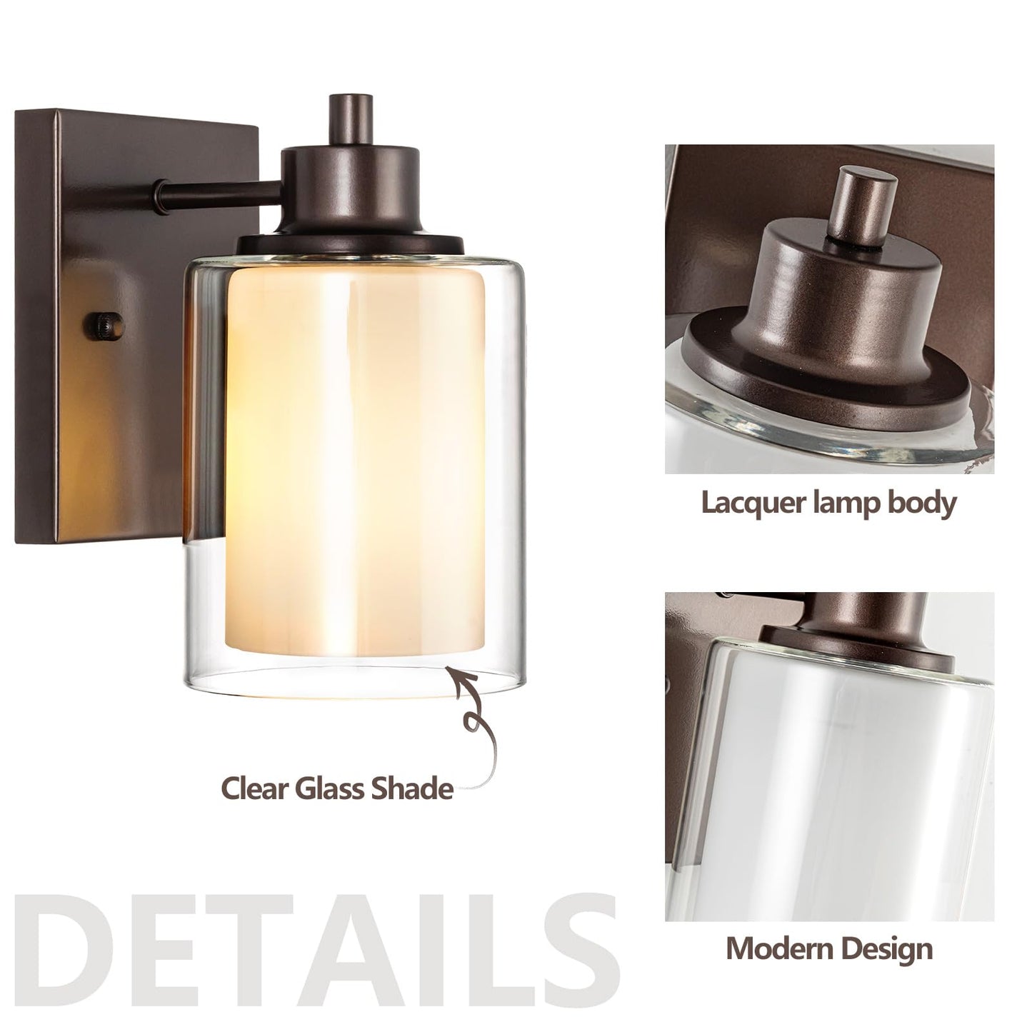 Eidonta Bath Vanity Light Fixtures, Modern Wall Scone with Dual Glass Shade, 3 Pack, Oil Rubbed Bronze