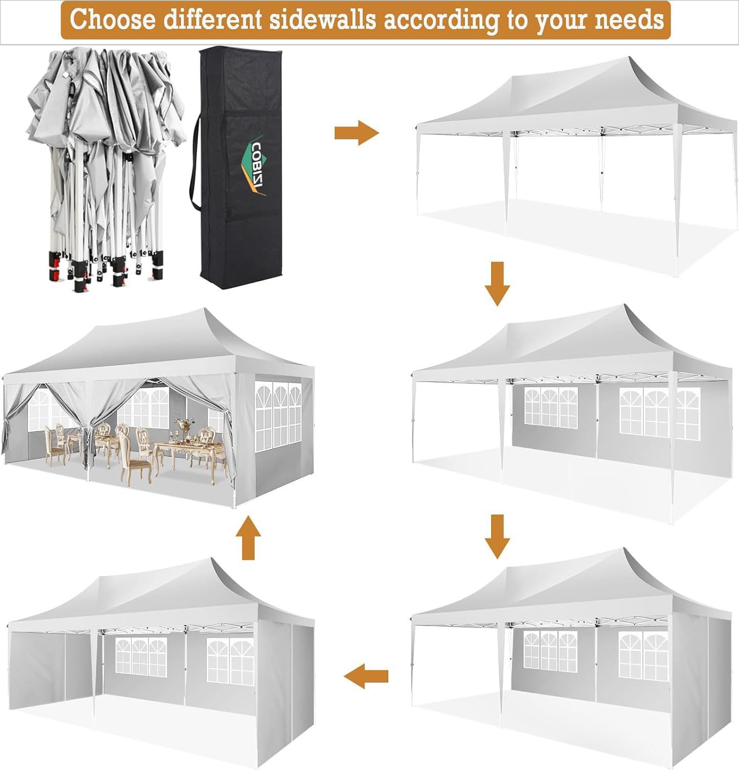 COBIZI 10x20 Pop Up Canopy with 6 Sidewalls,10x20 Canopy Tent Frame Upgraded with 3 Adjustable Heights,Waterproof UV50+ Outdoor Party Commercial Ez Up Gazebos with Carry Bag(10 x 20 ft White)