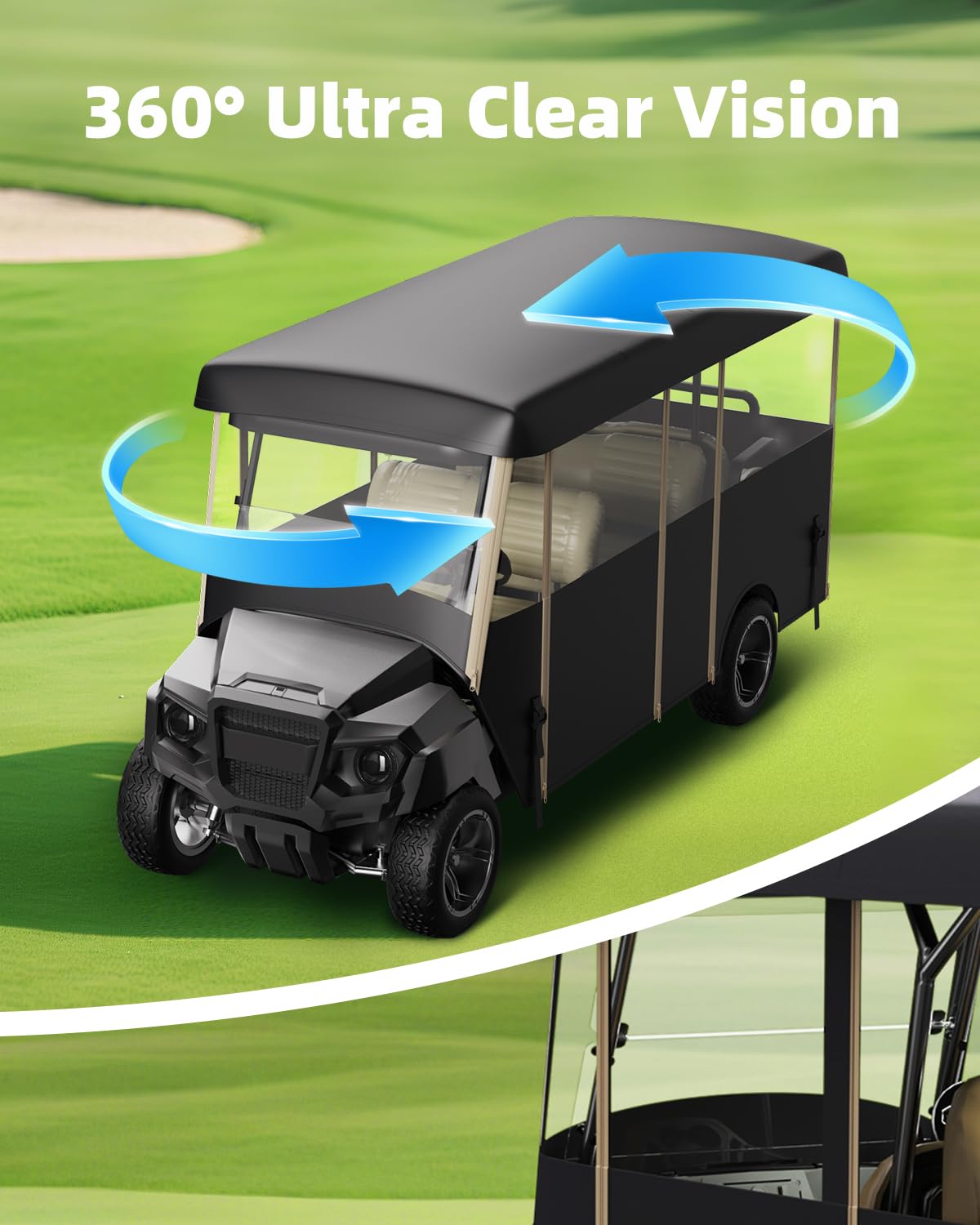Golf Cart Cover Enclosure 4&6 Passenger, Golf Cart Cover for Yamaha Club Car EZGO, Waterproof 600D Oxford Rain Cover, Transparent Tail Light Panel, Foldable Door,4-Sided Clear Windows