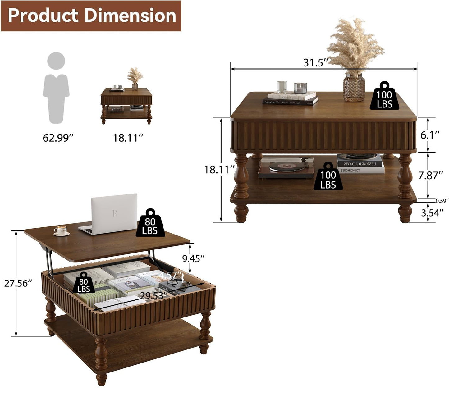 KEIKI 31.5" Square Lift Top Wood Coffee Table with Hidden Storage,Hydraulic Raising Mechanism Retro Style for Living Room