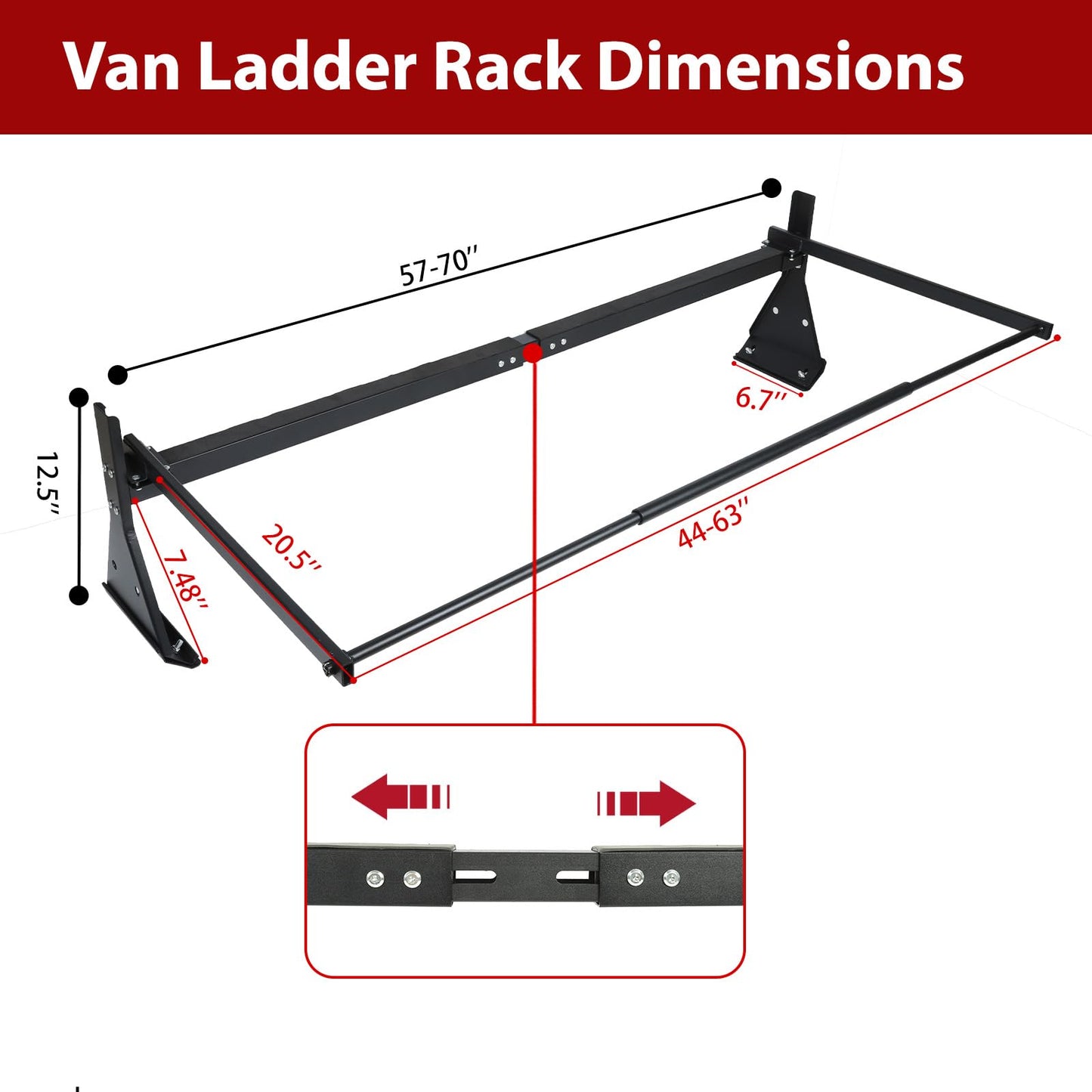 hightall Universal Van Ladder Rack with Roller,Adjustable Length 57-70" with Cargo Stoppers for Van with Rain Gutter,Compatible with Chevy Express 1500 2500 3500 Ford Econoline GMC Savana