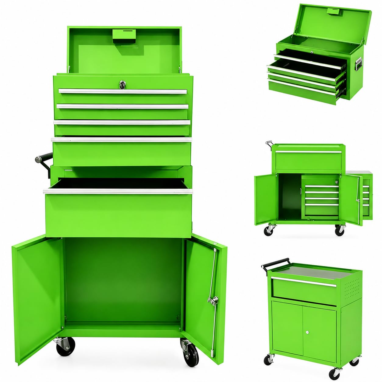 Garvee Large Capacity 20-Inch 5-Drawer Rolling Tool Chest & Cabinet - 2-in-1 Detachable Metal Organizer with Lockable Wheels, Lock Bar, Tool Rack & Liner for Garage & Workshop - Green