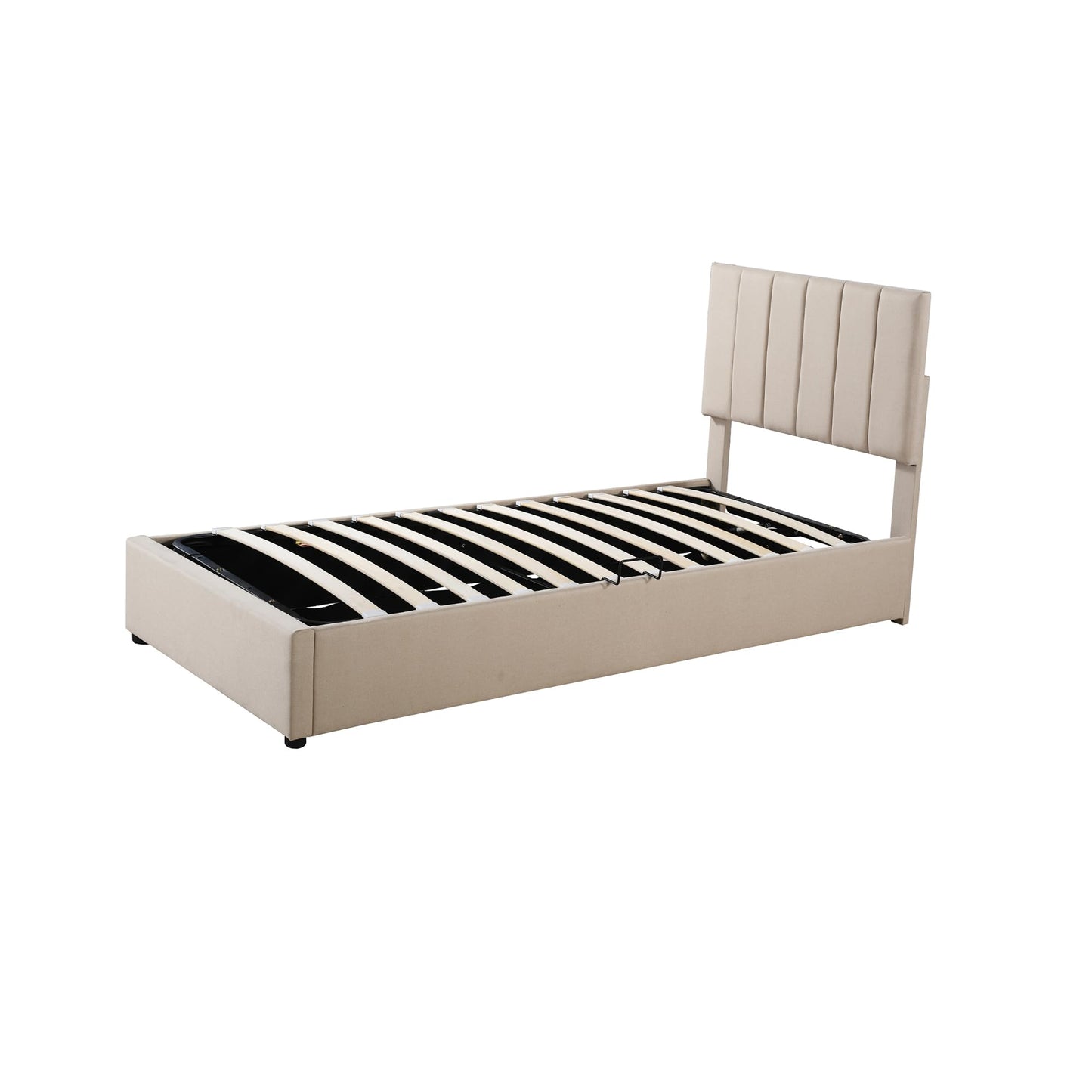 Twin Size Upholstered Platform Bed with Hydraulic Storage System, Vertical Stripe Headboard, Lift Up Storage Bed Frame with Slats Support No Box Spring Needed Modern Bedroom Furniture, Beige