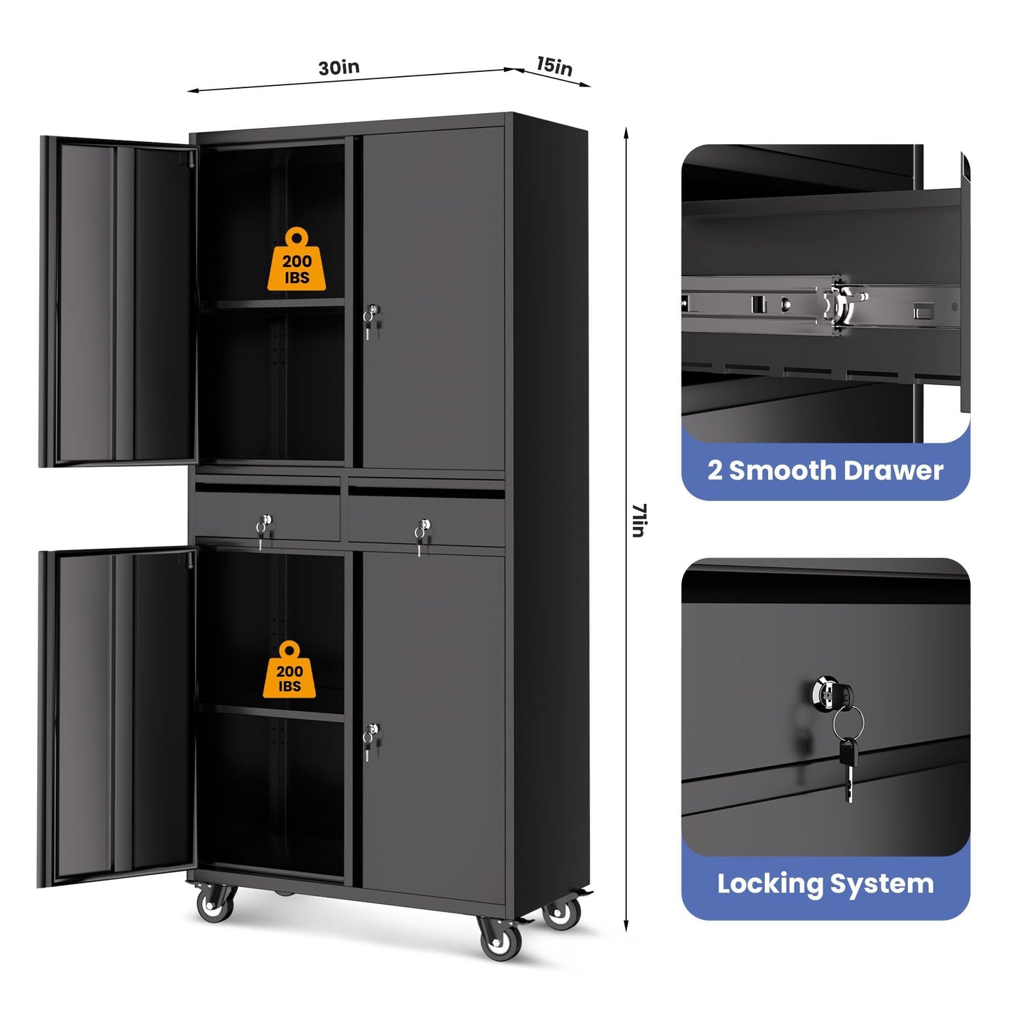 Garvee Metal Storage Cabinet, 73 Inch Garage Storage with Locking Doors and Adjustable Shelves, Heavy Duty Tool Cabinet with 2 Drawers