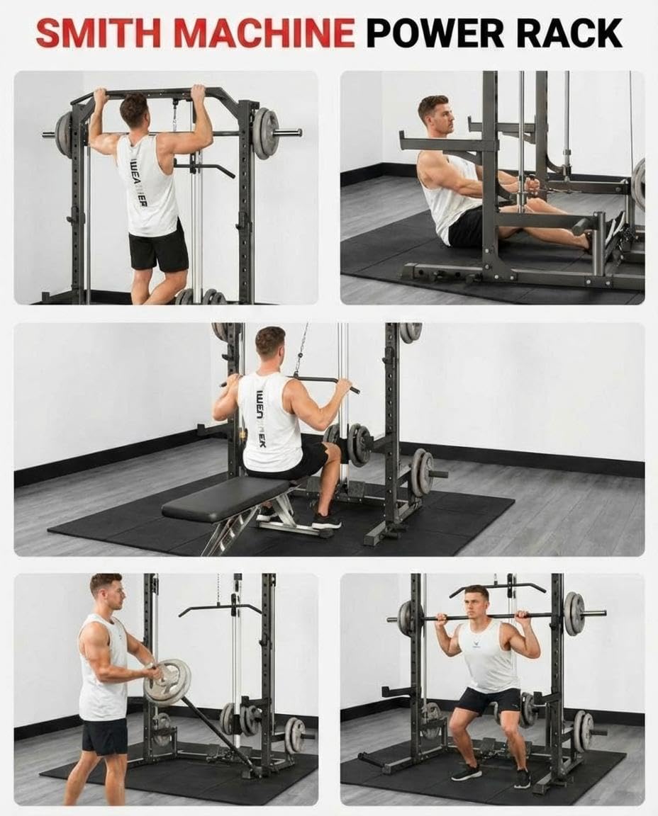 Compact Smith Machine Home Gym, All-in-1 Power Rack with LAT Pulldown Cable System, 1000LB Capacity, Squat Rack & Strength Training Station for Small Spaces