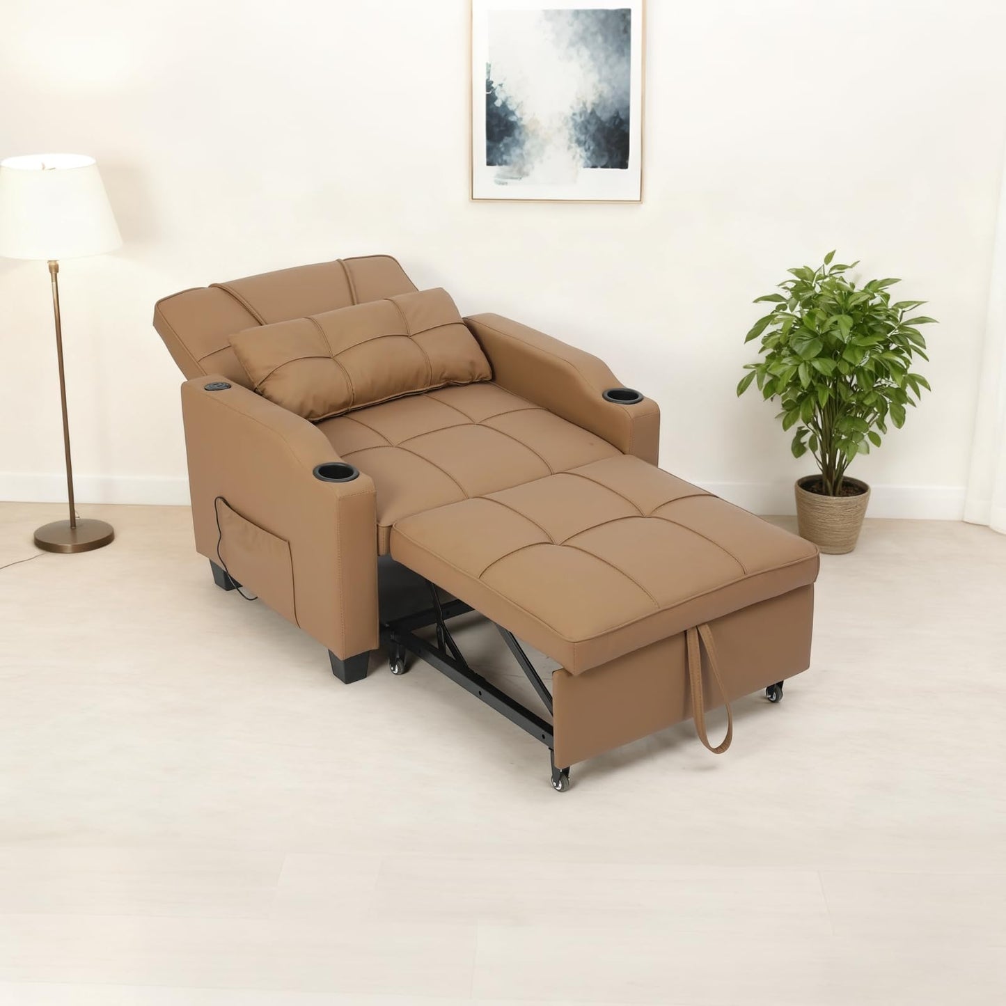 Sleeper Chair Pull Out Bed, 4 in 1 Convertible Sofa Chair Bed with Vibration Massage Lumbar Pillow, Single Sofa Recliner with USB/Type-C Port, Cup Holders and Side Pocket for Small Spaces (Brown)