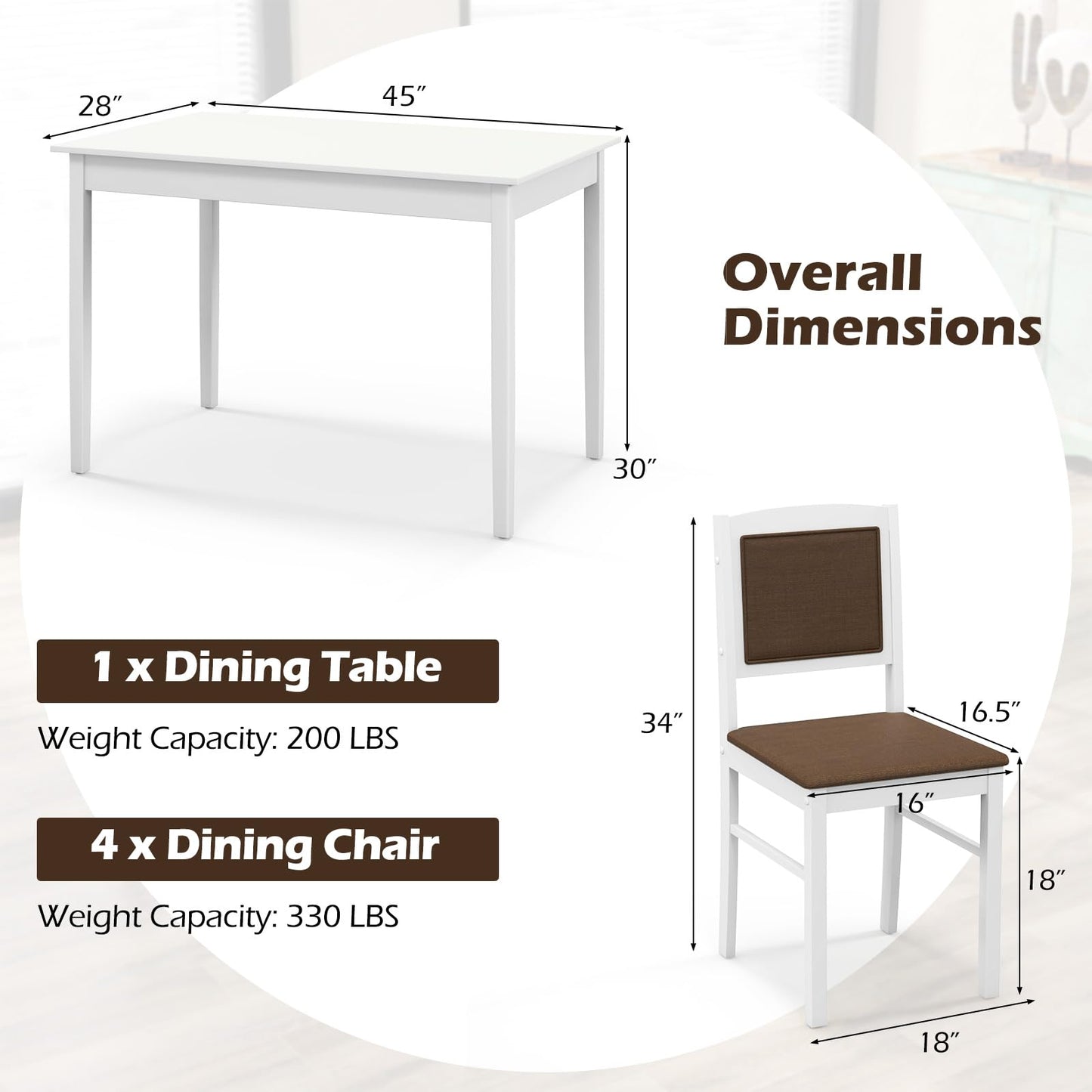 Giantex 5-Piece Dining Table Set for 4, Wooden Kitchen Table and Chairs with Solid Rubber Wood Legs, Padded Seat & Backrest, Space Saving Dinette Set for Home Dining Living Room, Breakfast Nook