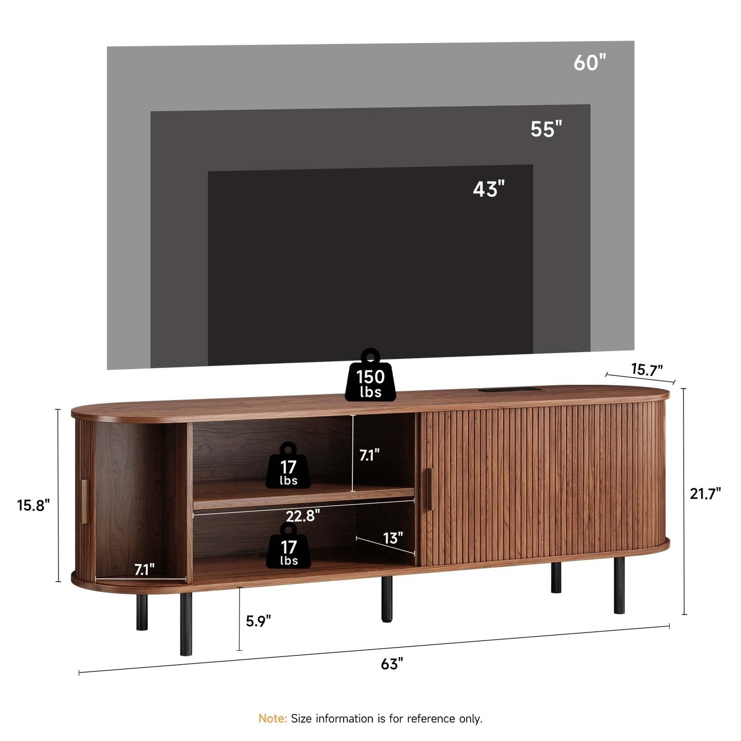 63" Fluted TV Stand with Power Outlet, Modern Media Console with Sliding Doors, Entertainment Center for TVs up to 60 Inch, Adjustable Shelves, Walnut