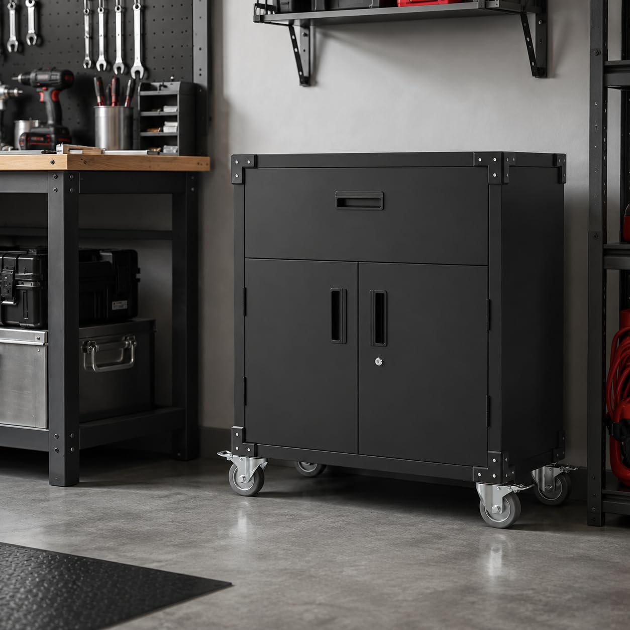 EliteEdge 31" Metal Storage Cabinet with Drawers and Wheels, Lockable Rolling Tool Cabinet, Heavy Duty Steel Utility Cabinet for Garage Workshop, Adjustable Shelf, Locking Wheels, Black