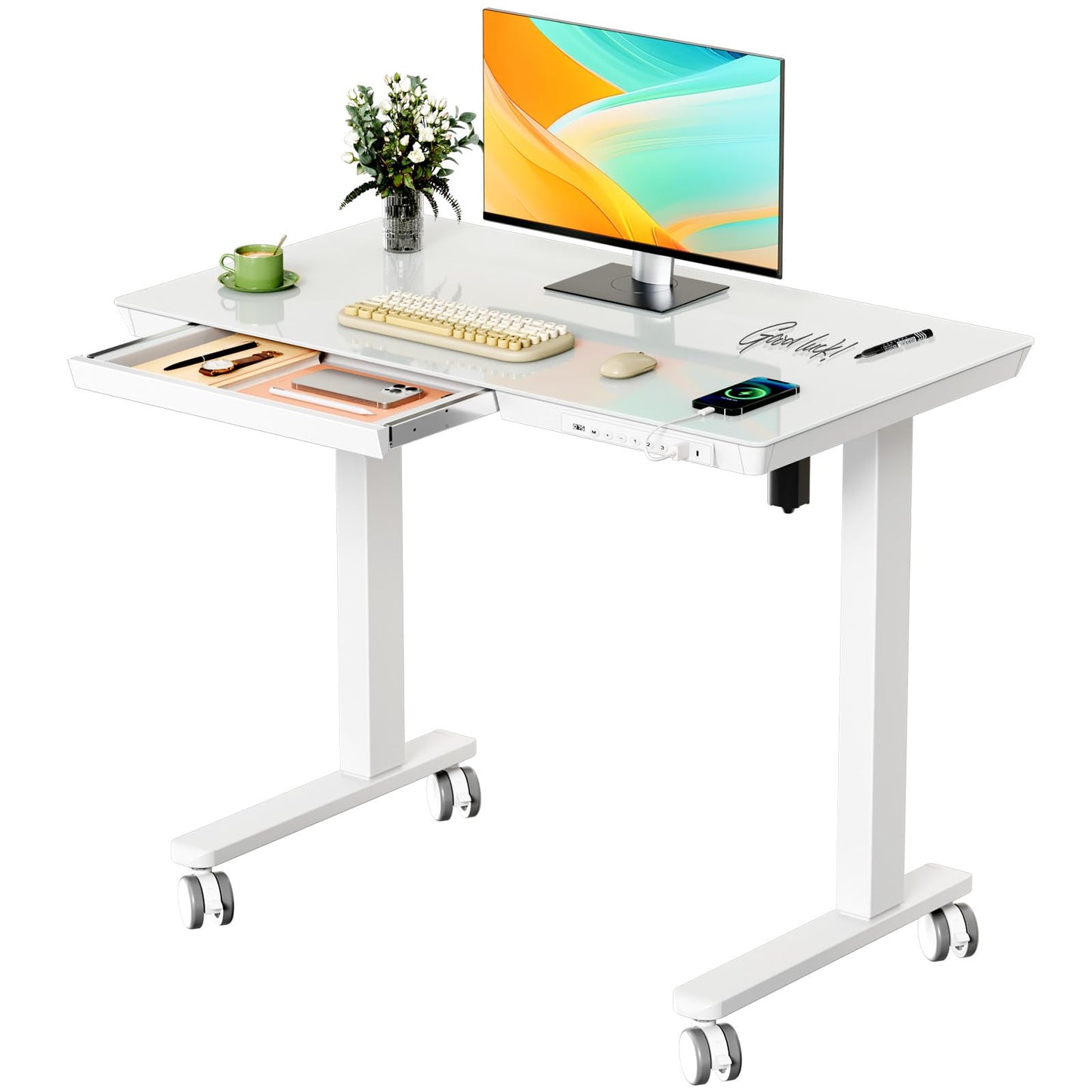 JYLH JOYSEEKER Glass Electric Standing Desk with Drawer, 35" x 20" Whole Piece Small Sit Stand Table, Height Adjustable Desk with Storage & USB Ports, Quick Install Home Office Computer Desk, White