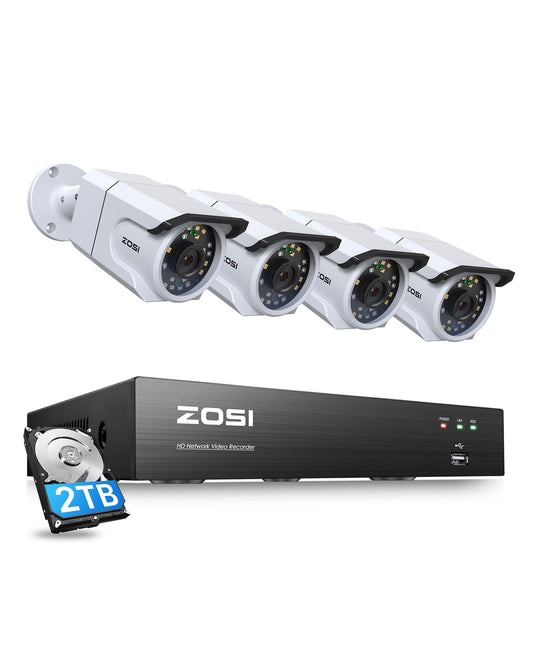 ZOSI 8CH 4K PoE Security Camera System with Audio, 4pcs 8MP Outdoor Indoor PoE Cameras, Color Night Vision, Human Detection, Spotlight Siren, 4K 8Channel CCTV NVR with 2TB HDD for Home 24/7 Recording