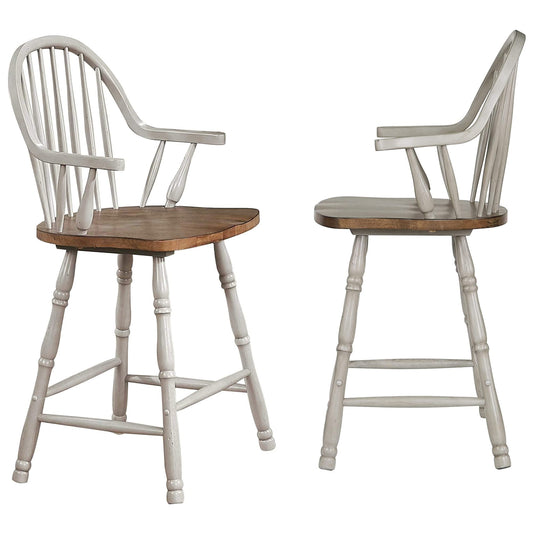 Sunset Trading Country Grove 24" Windsor Barstools with Arms | Counter Height Stools with Backs and Armrests | Distressed Gray and Brown Solid Wood | Set of 2