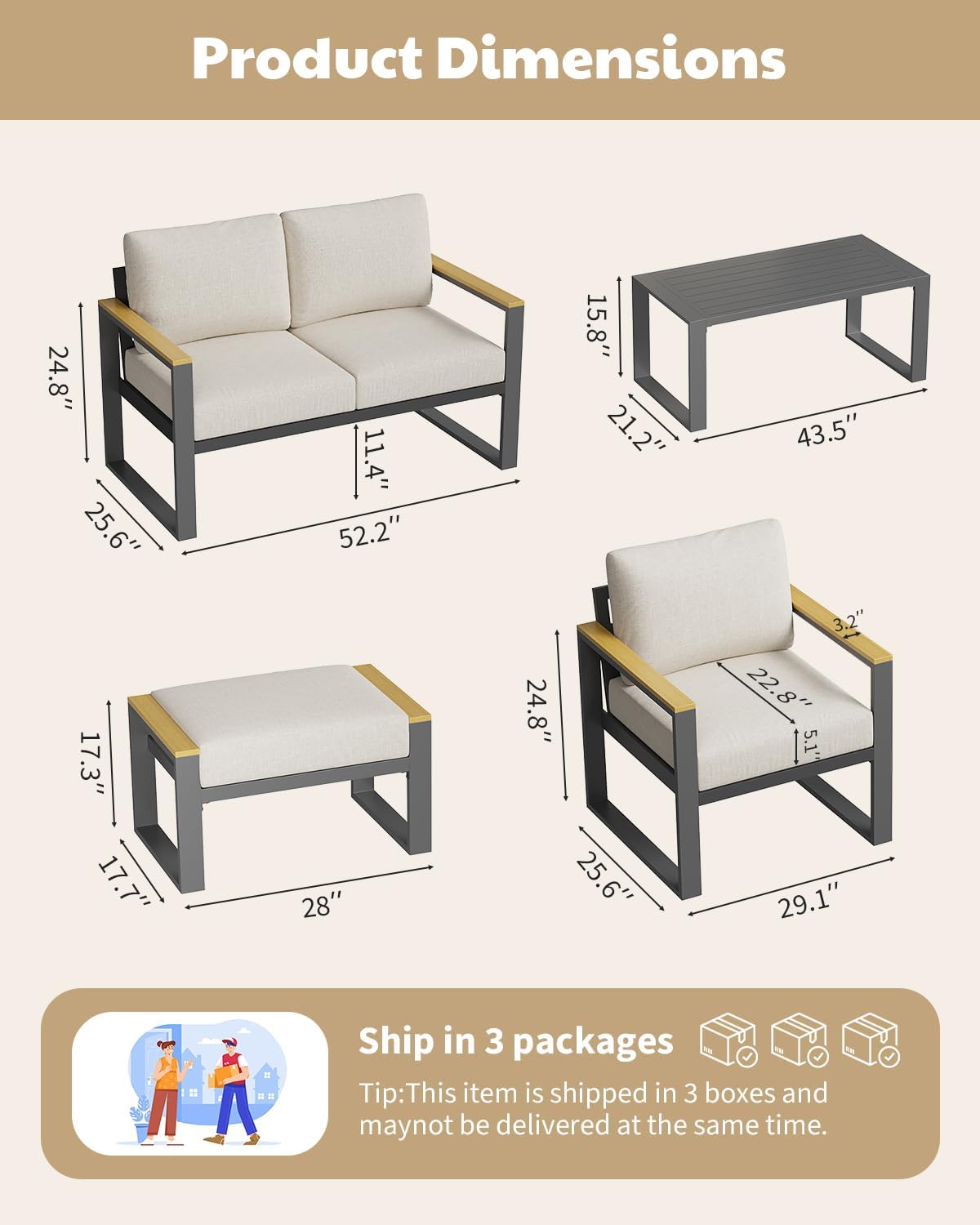 Aluminum Outdoor Patio Furniture - 1 Pcs Loveseat and Coffee Table, All-Weather Metal Modern Outside Furniture with Washable Thick Cushion for Balcony, Garden, Deck, Backyard, Beige