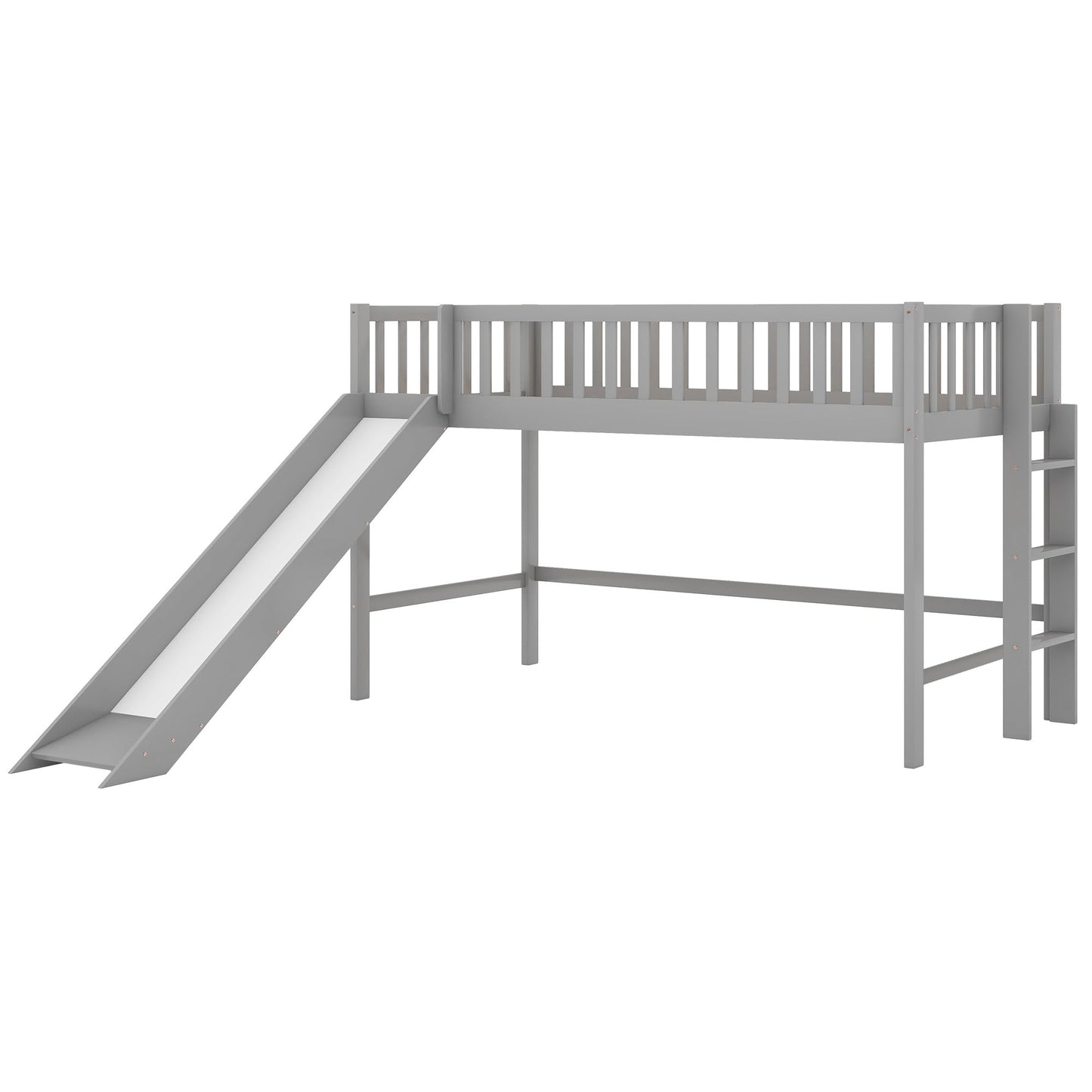 Bellemave Twin Size Low Loft Bed Frame with Slide,Kids Loft Bed with Ladder,Solid Wood Low Loft Bed Twin Size for Girls Boys,Gray