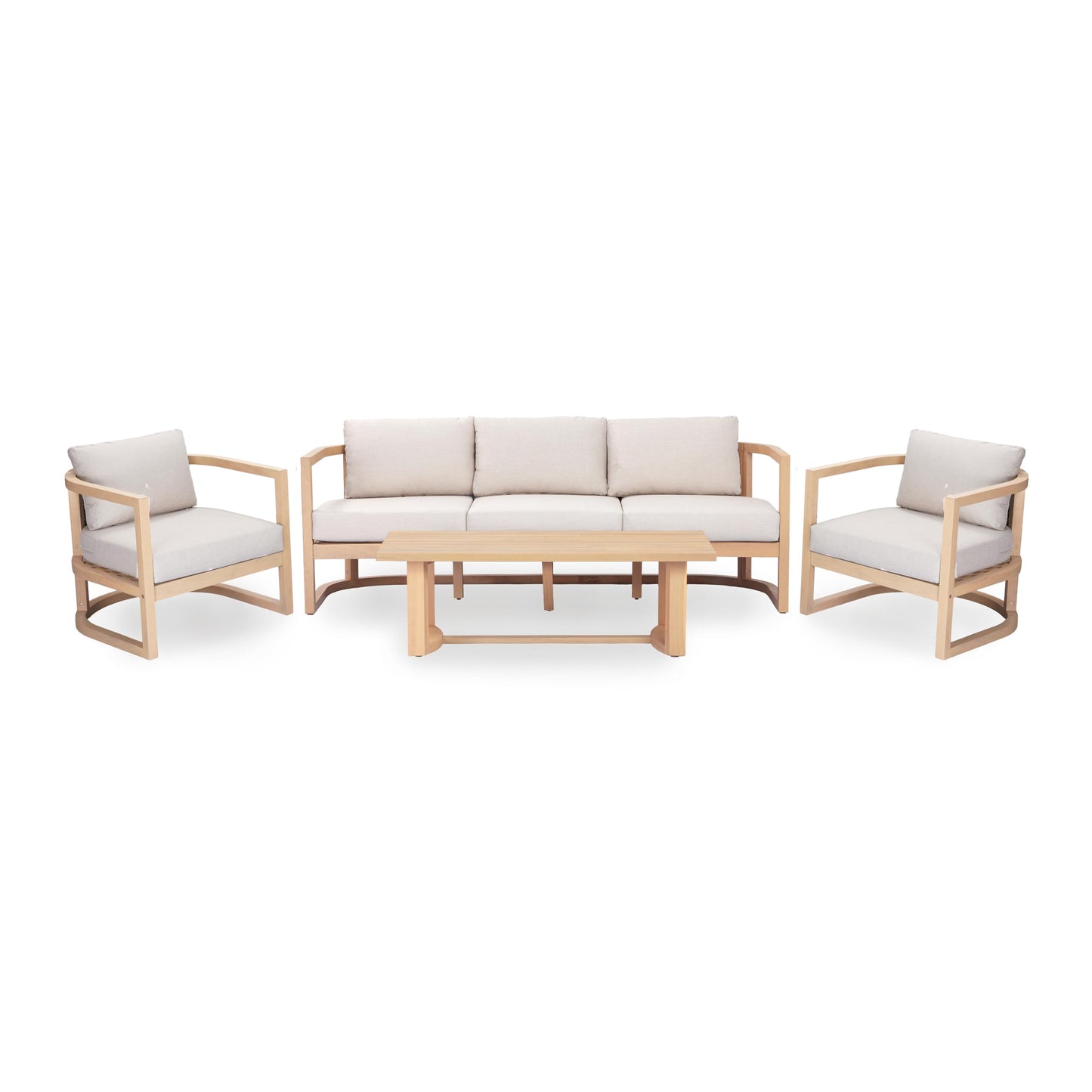 Merax 4 Piece Rattan Woven Paito Conversation Set, All-Weather Acacia Wood 3 Seater Sofa,2 Club Armchairs with Cushions, 1 Coffee Table for Porch, Lawn, Backyard, Balcony, Light Teak