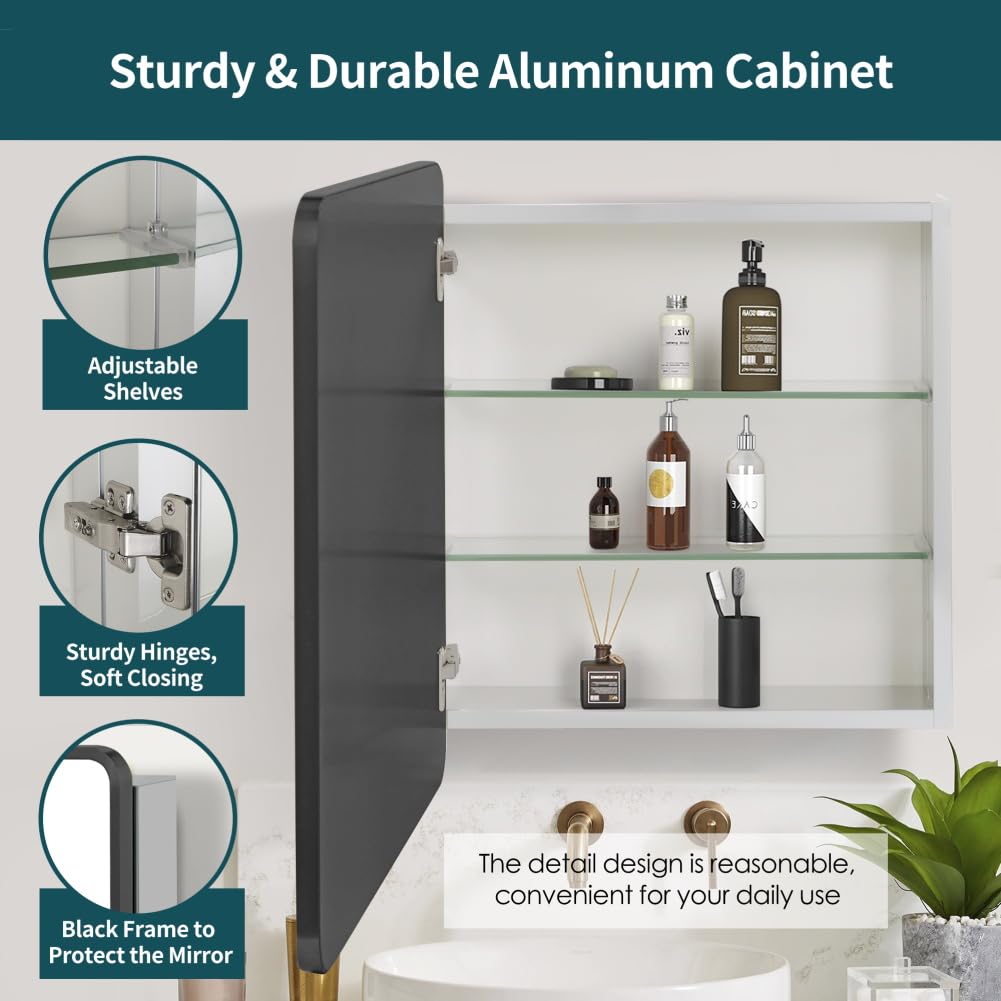 Movo 24 inch X 22 inch Medicine Cabinet with Mirror,Black Medicine Cabinets for Bathroom,Adjustable Glass Shelves, Waterproof and Rust-Resist,Recessed or Surface Mount Medicine Cabinet