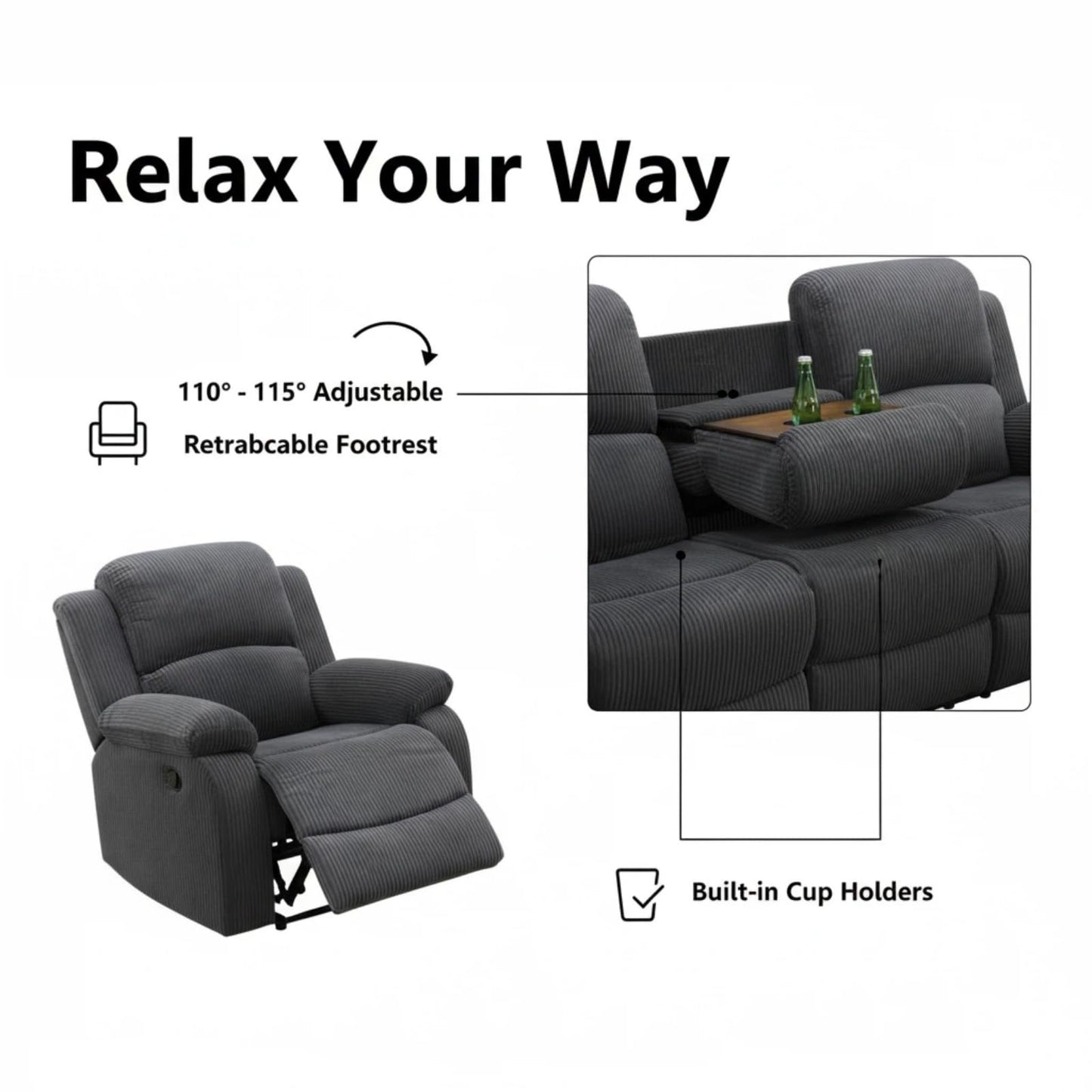 Trygoal Manual Recliner Sofa Set, Corduroy Reclining Living Room Furniture Set, Adjustable Backrest Reclining Chair & a 3 Seater Couch Furniture Set for Living Room & Home Theater, Dark Grey