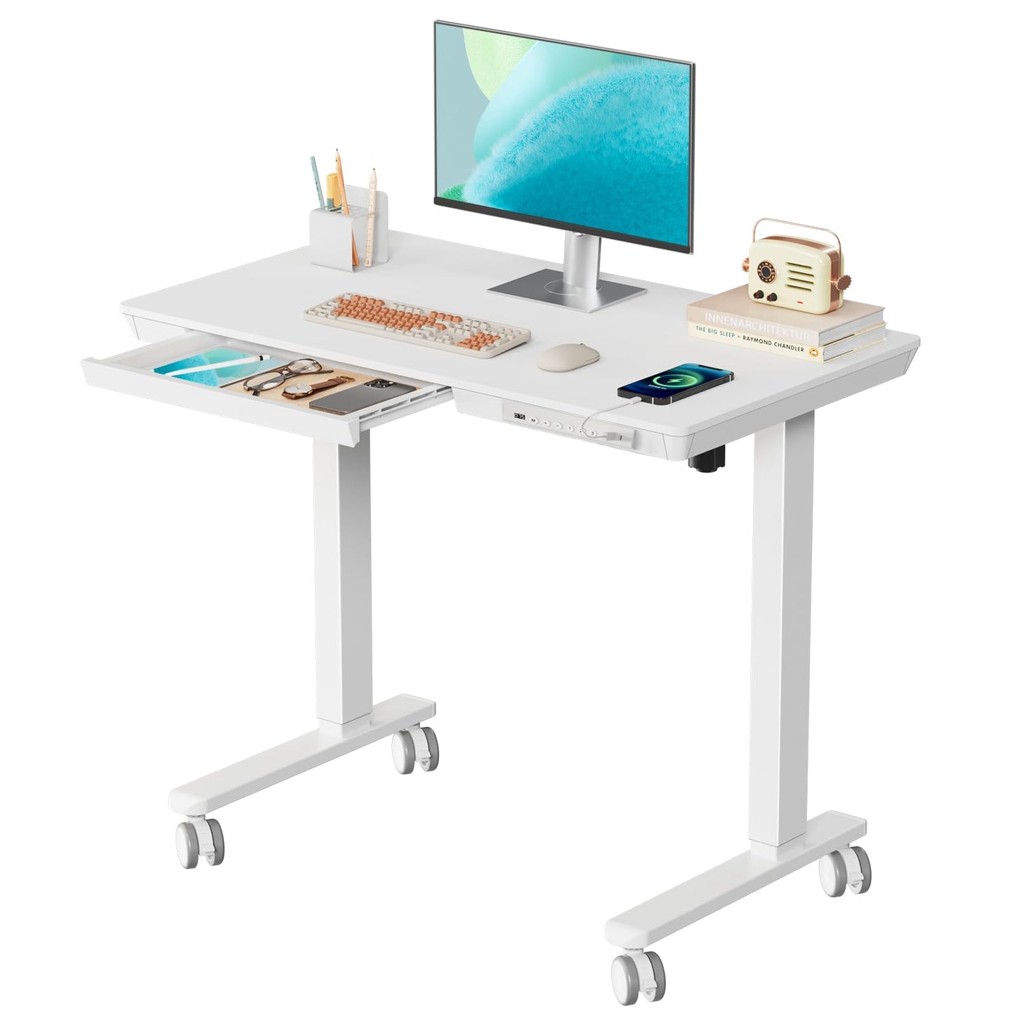 JYLH JOYSEEKER Electric Standing Desk with Drawer, 35" x 20" Whole Piece Tabletop Small Sit Stand Desk, Height Adjustable Desk with Storage & USB Ports, Quick Install Home Office Computer Desk, White