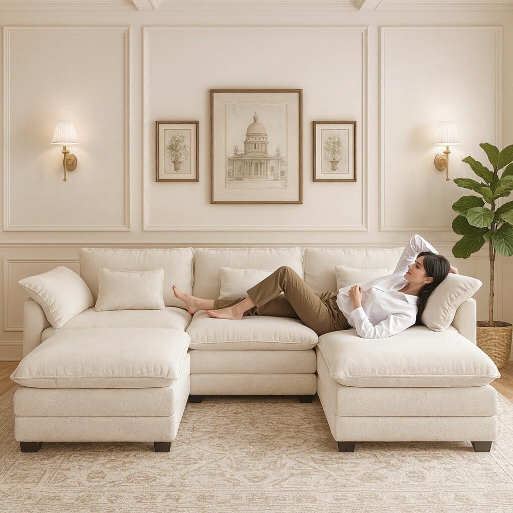 COMHOMA 120" U Shaped Sectional Sofa with Movable 2 Ottomans,Comfy Cloud Modular Couch with Throw Pillows,Modern Chenille Deep Seat Sofa Couches for Living Room,Beige