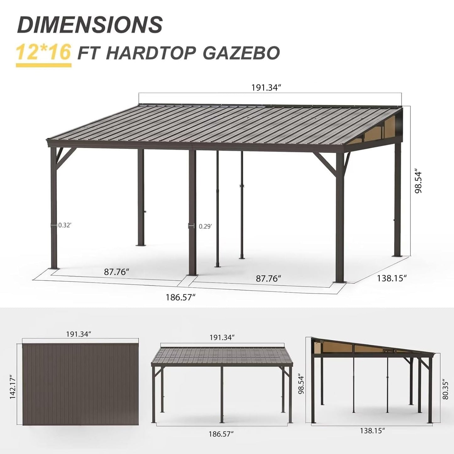 Domi 12x16FT Wall Mounted Gazebo Aluminum Frame, Lean to Gazebo Hardtop with Galvanized Steel Sloping Roof, Curtains and Netting for Patio Deck Backyard Lawn Party