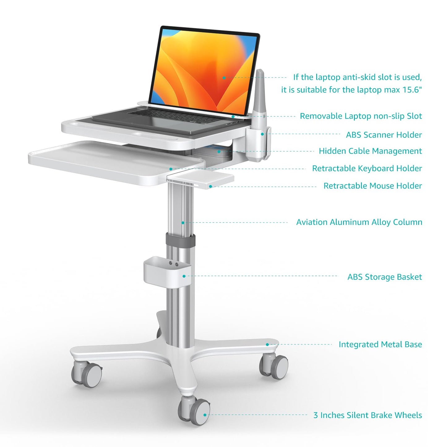 BEWISER Medical Cart Mobile Trolley Height Adjustable Easy Installation Pallet Cart with Oral Scanner Holder Laptop Workstation