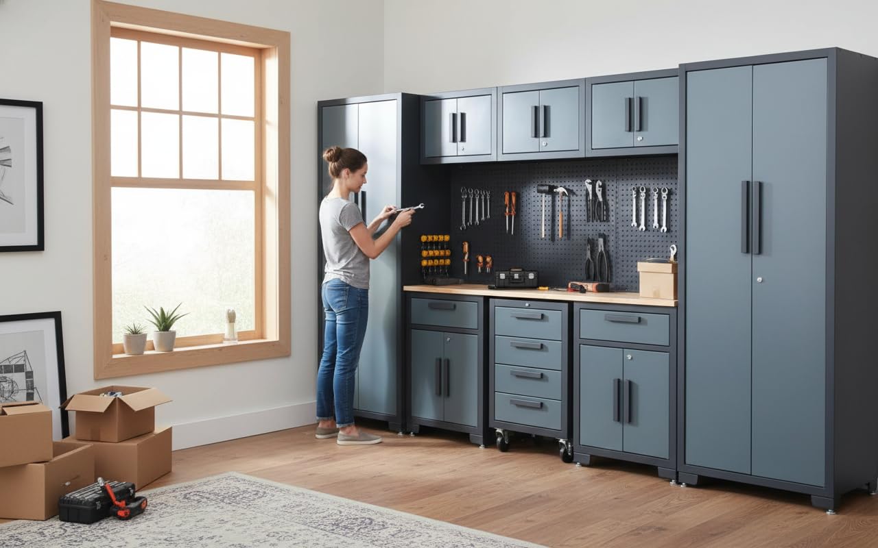 Tsnritor Garage Storage Cabinet System, 9PCS Tool Chest Workbench Storage System in Black, Included Steel Cabinets Drawers Rolling Chest and Pegboard,Locked Garage Storage Cabinet,Grey Handle