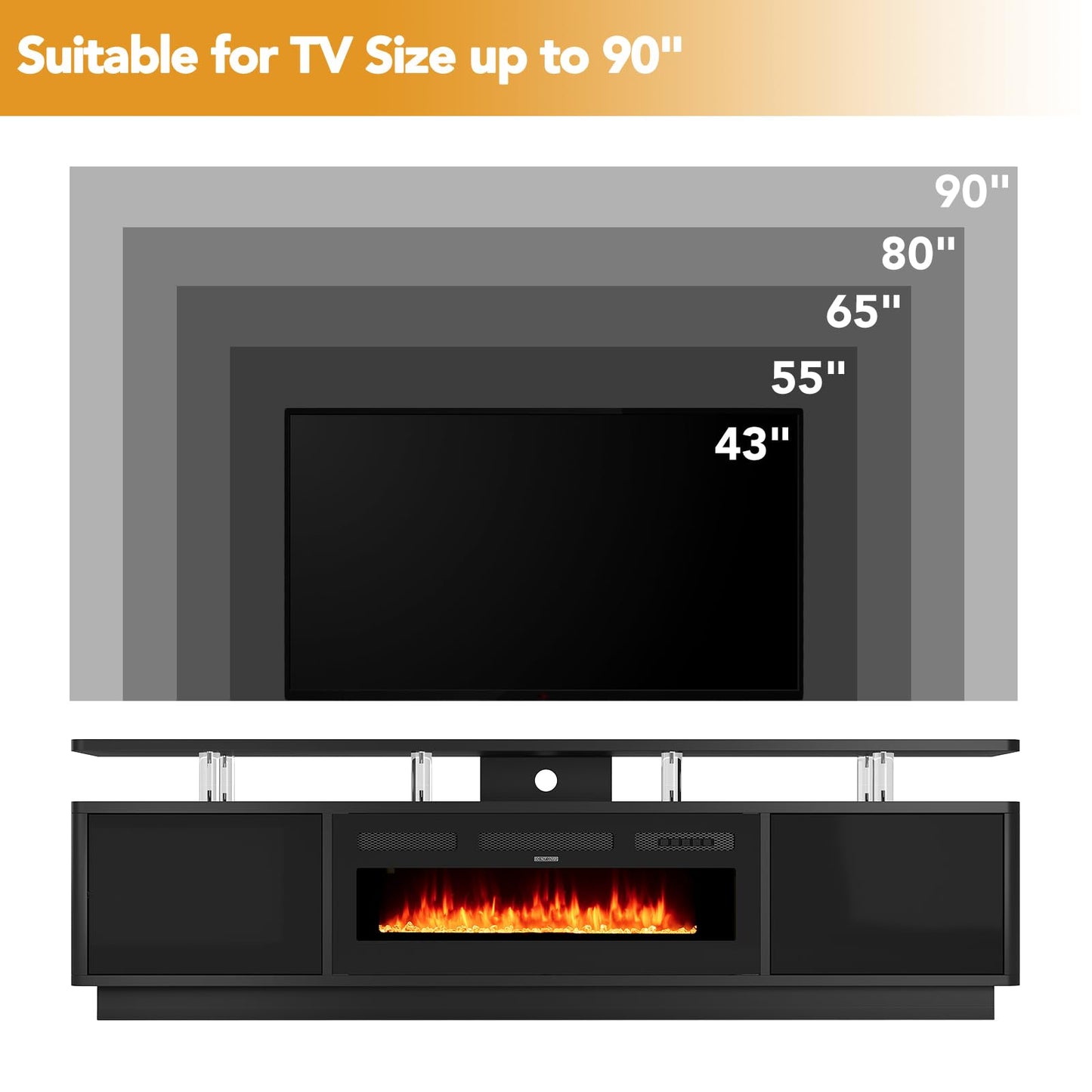 MXV 80" Fireplace TV Stand for Living Room, 36" Electric Fireplace with Adjustable Flames & Double LED Lights, Remote Control, Storage Cabinet with High Gloss Board, Fits TVs Up to 90", Black & Black