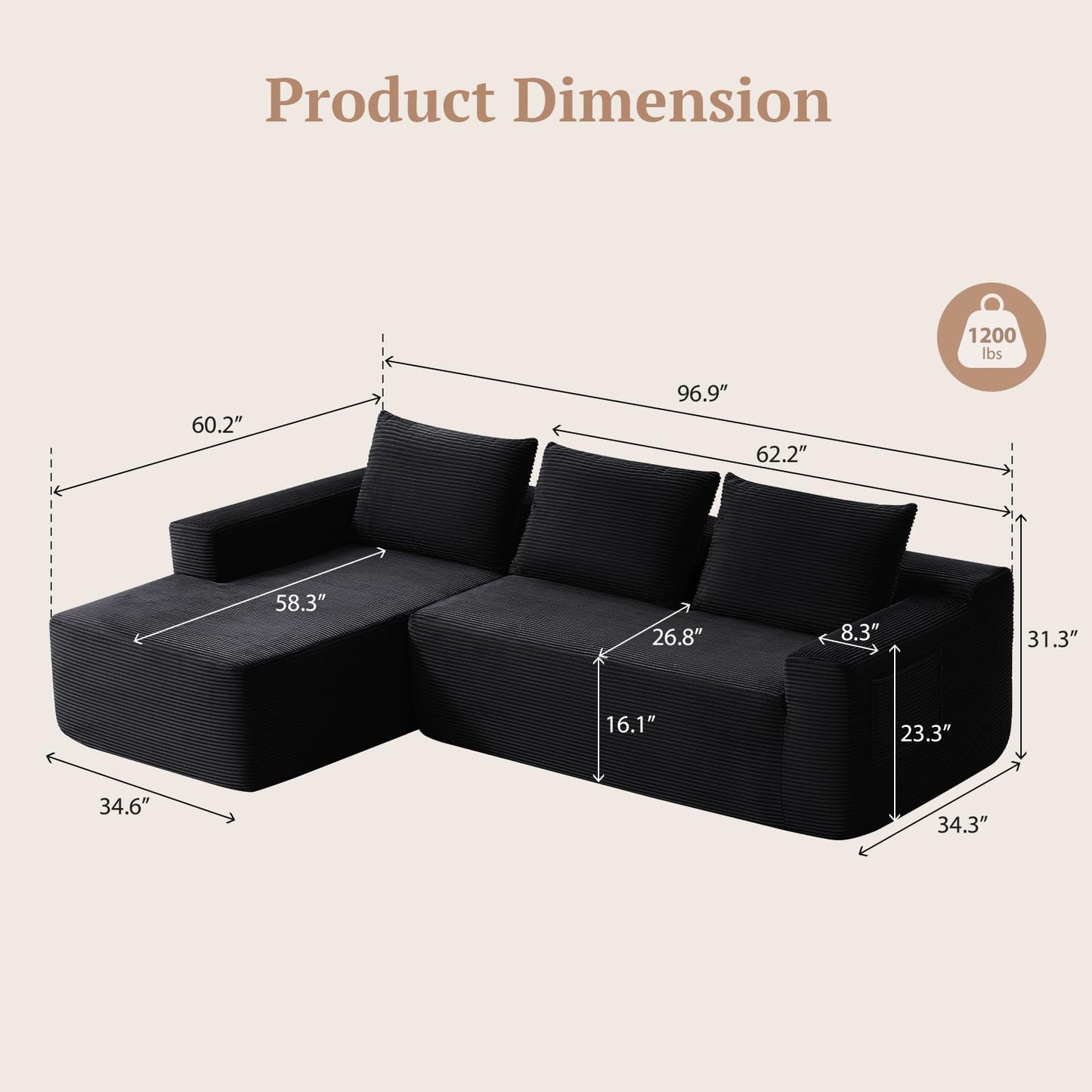 Yafylly 96.9 Inch Boneless L-Shaped Sectional Sofa, No Assembly Compressed Modular Couch with Memory Foam Deep Seat, Throw Pillow & Side Pockets for Living Room, Bedroom, Apartment, Black Left