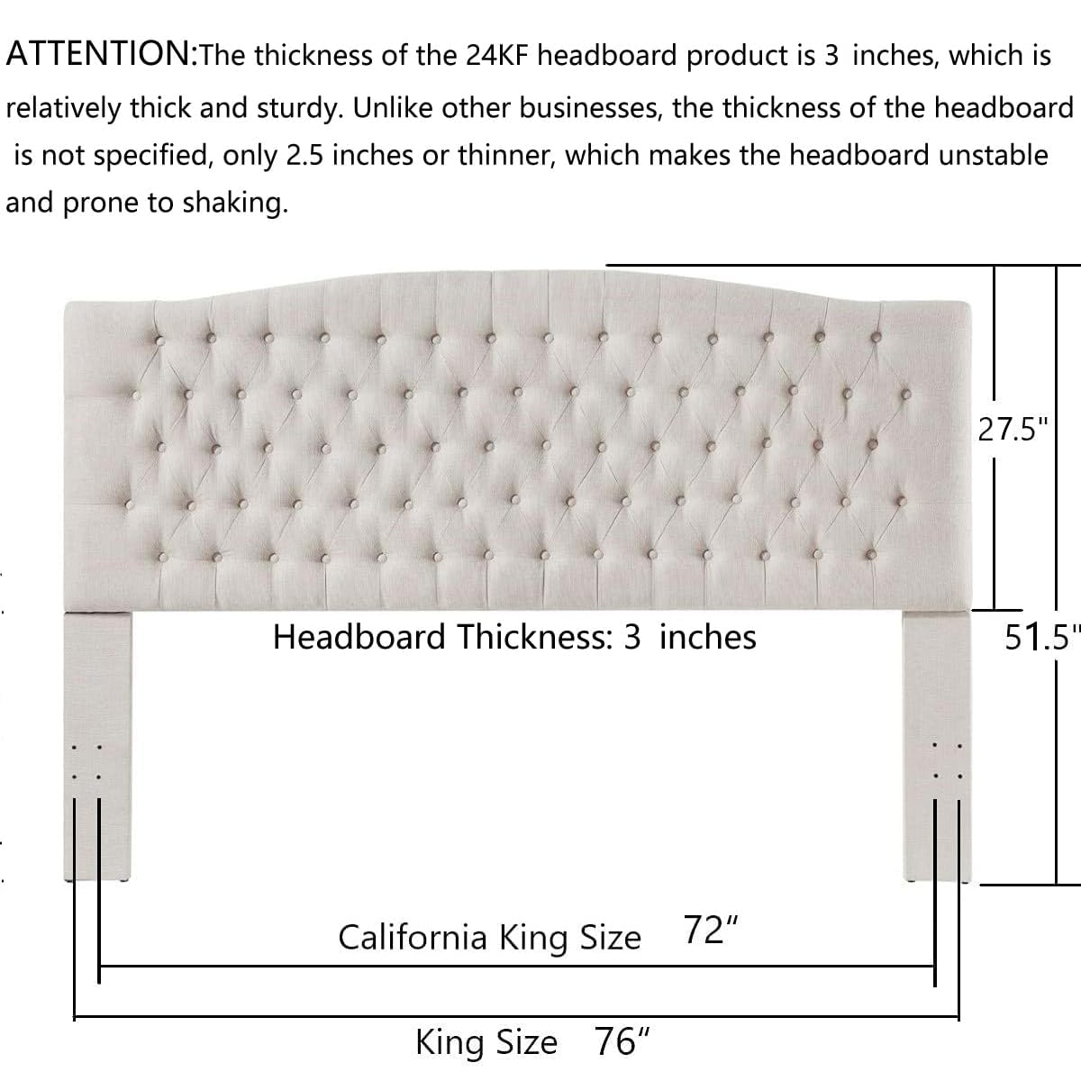 24KF Upholstered Tufted Button Linen Fabric Headboard,Comfortable Fashional Headboard King/CA King Size,Ivory
